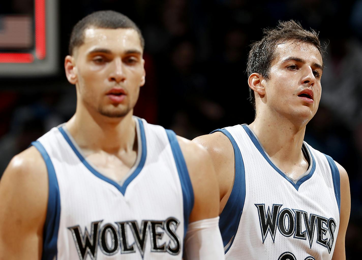Zach LaVine (8) and Nemanja Bjelica (88) walked off the court at the end of the game. Denver beat Minnesota by a final score of 102-99. ] CARLOS GONZALEZ cgonzalez@startribune.com - November 3, 2016, Minneapolis, MN, Target Center, NBA, Minnesota Timberwolves vs. Denver Nuggets