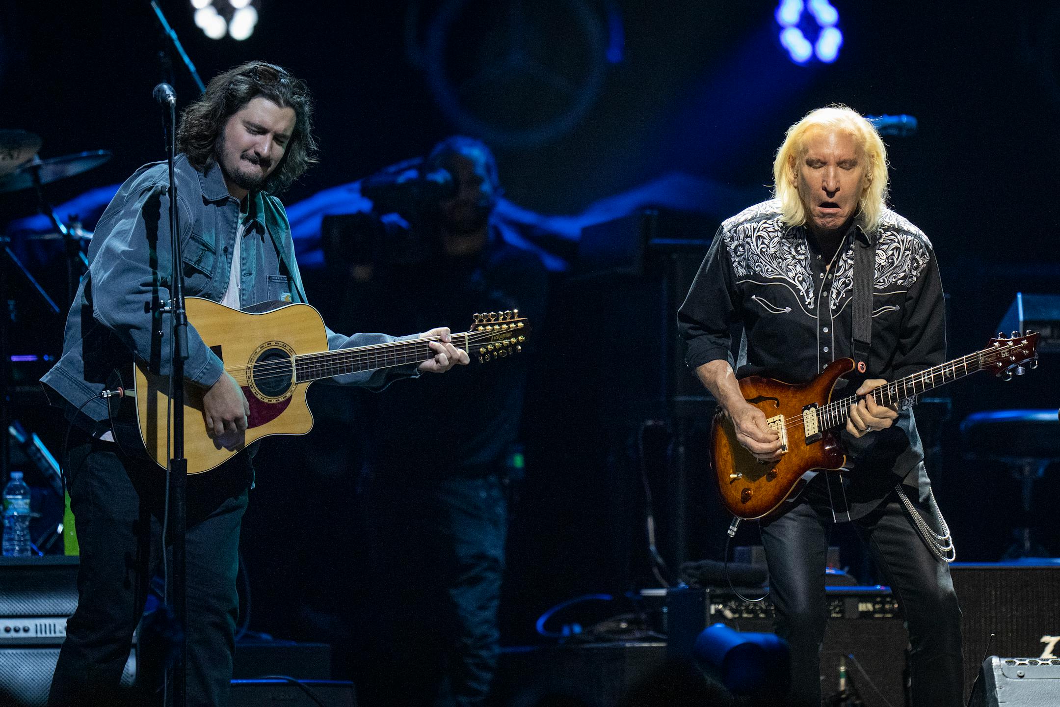 Deacon Frey, left, and Joe Walsh perform with the Eagles at Xcel Energy Center in St. Paul, Minn. on Friday, Nov. 17, 2023. ] LEILA NAVIDI • leila.navidi@startribune.com