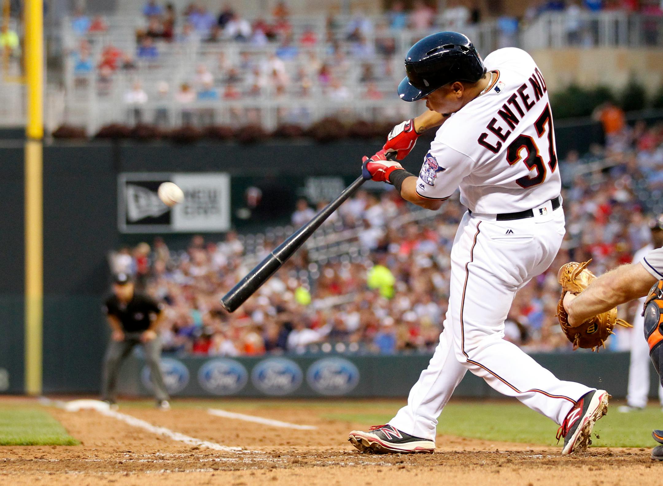 The Twins' Juan Centeno hit an RBI triple that Astros center fielder Carlos Gomez never saw until it landed well behind him in the fifth inning Monday.