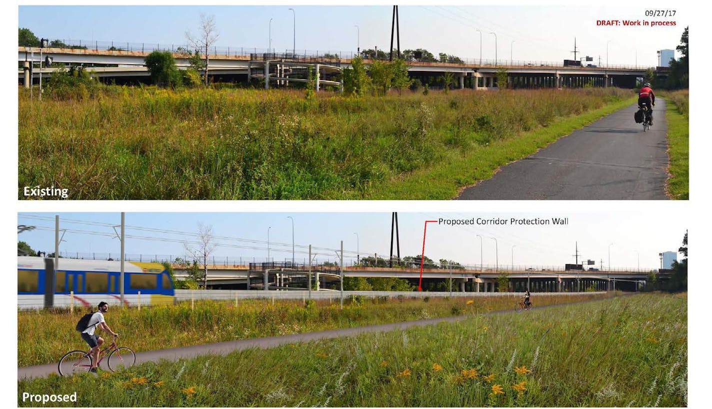 Two views of a Southwest LRT corridor where a proposed wall has sparked controversy.