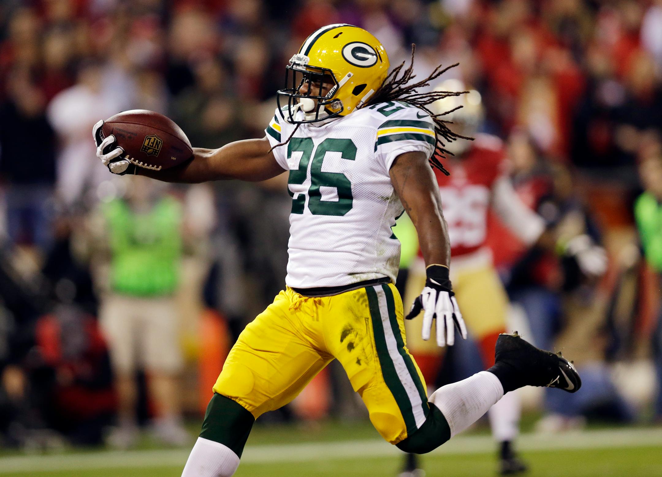 Green Bay Packers running back DuJuan Harris, scoring in the NFC divisional playoff loss to San Francisco.