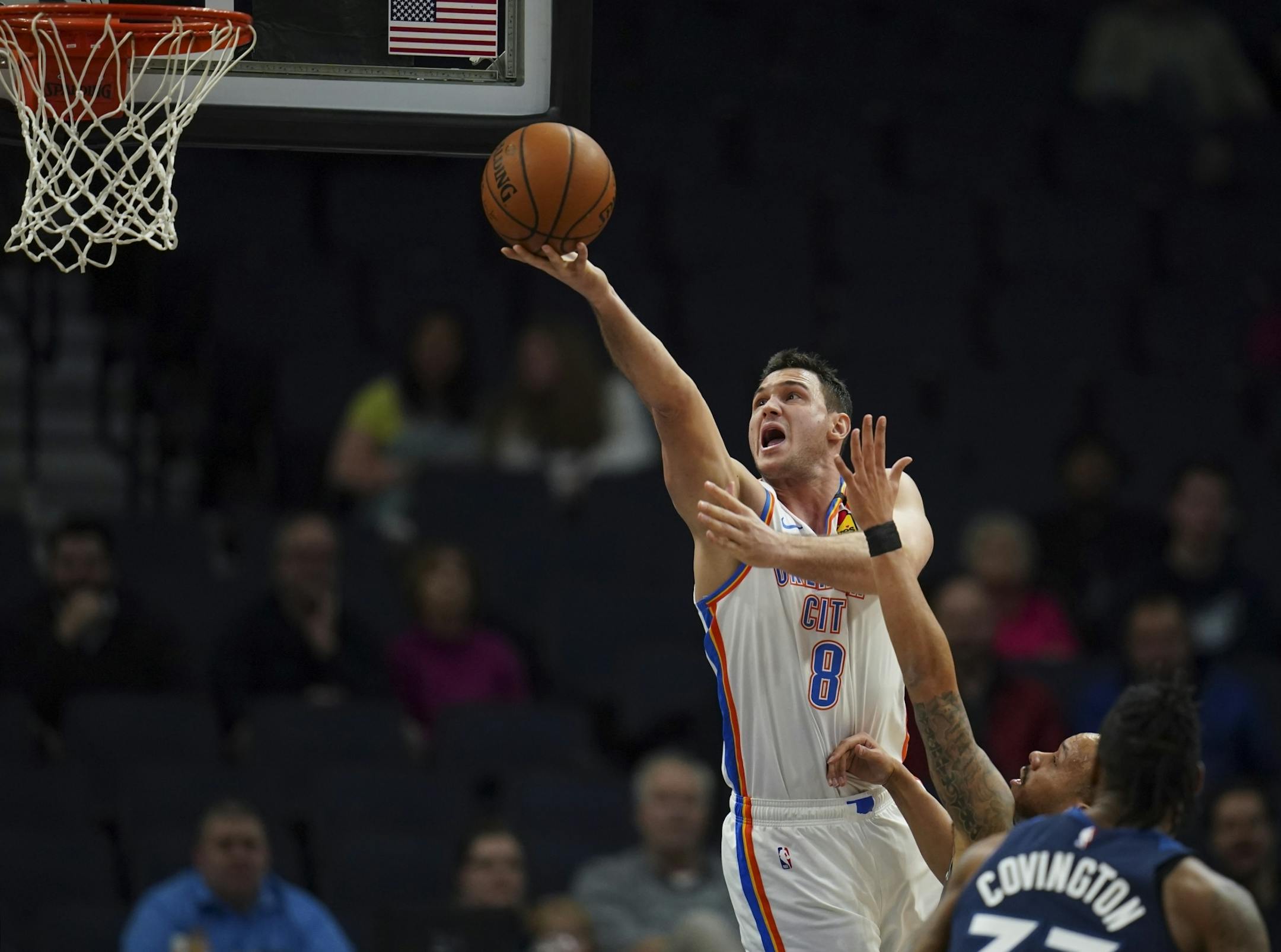 Oklahoma City Thunder forward Danilo Gallinari (8) put up a first half shot over Minnesota Timberwolves guard Shabazz Napier (13).