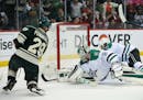 Wild right winger Jason Pominville scored the Wild's fourth goal of the third period on Stars goalie Kari Lehtonen with less than five minutes left in