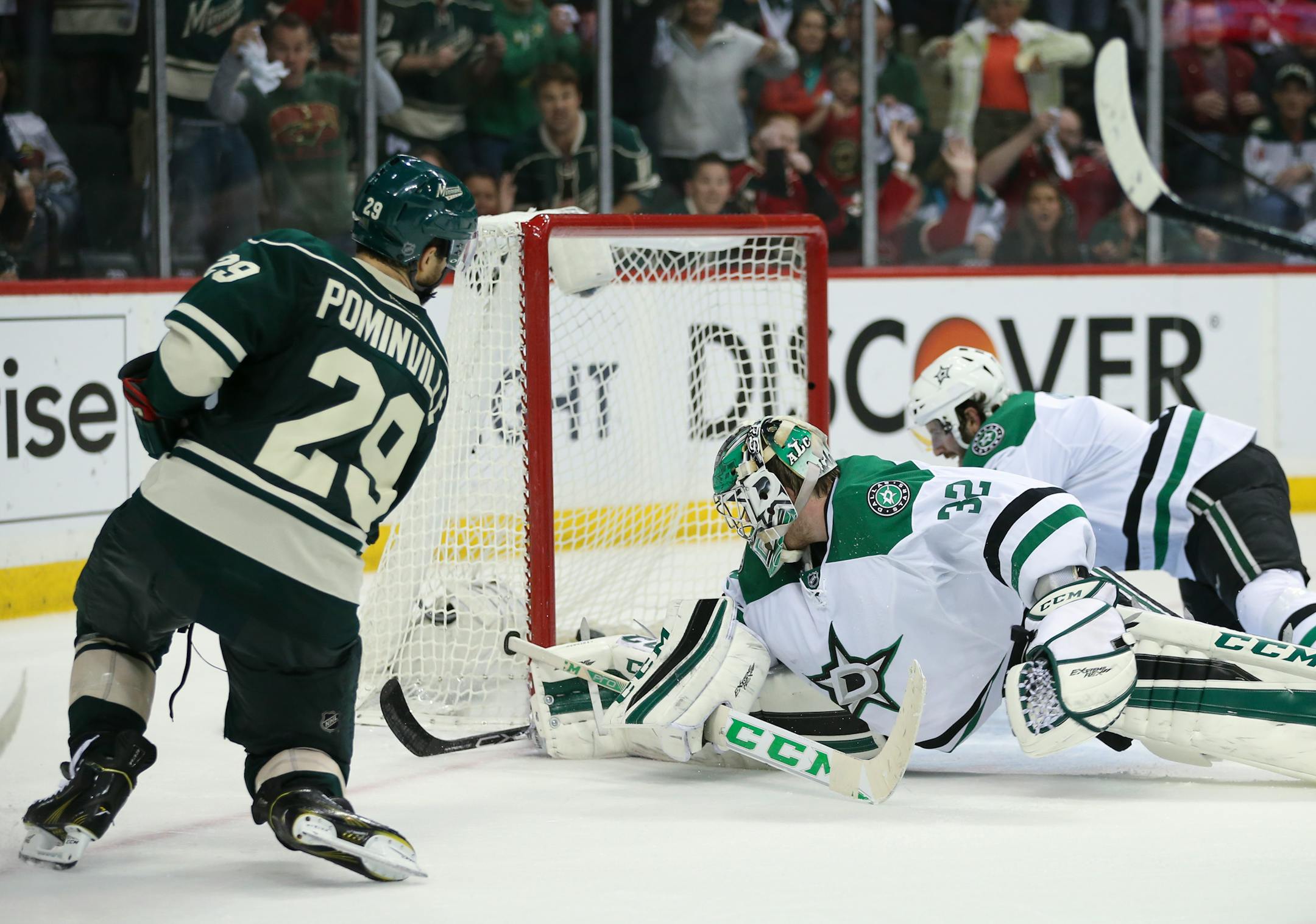 Wild right winger Jason Pominville scored the Wild's fourth goal of the third period on Stars goalie Kari Lehtonen with less than five minutes left in the game Sunday, after falling behind 4-0 earlier in the game.