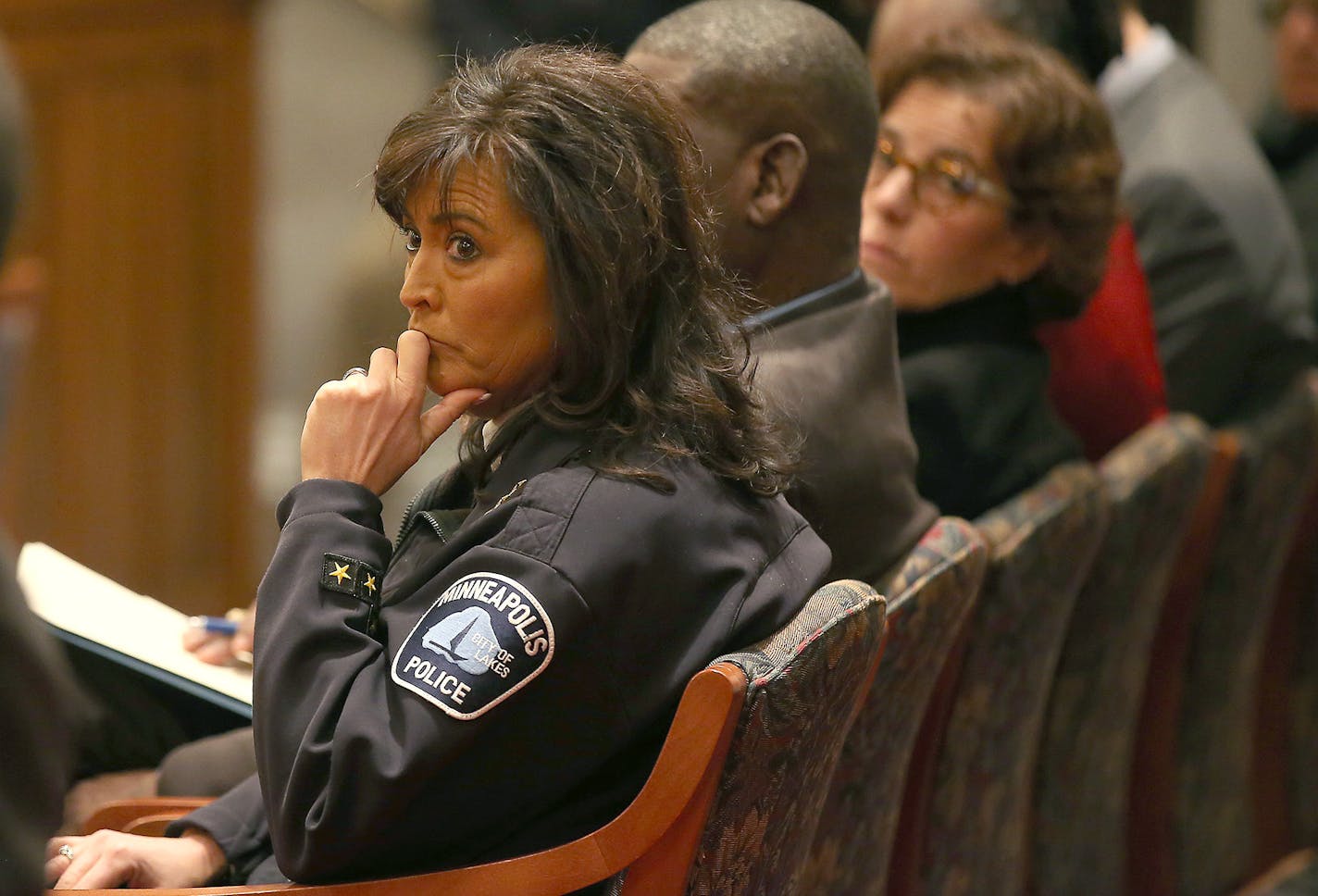 Minneapolis Chief of Police Janee Harteau listened to civilian testimony during her reappointment at a City Council Committee meeting at City Hall, Wednesday, February 10, 2016 in Minneapolis, MN. ] (ELIZABETH FLORES/STAR TRIBUNE) ELIZABETH FLORES &#x2022; eflores@startribune.com