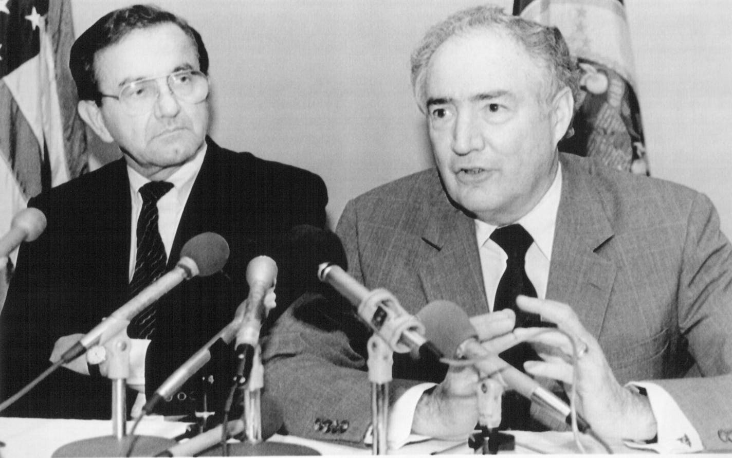 October 23, 1989 DEFENDS CHOICE IN SHCOOL--U.S. Secretary of Education Lauro F. Cavazos, right, speaks in favor of choice in education at a news conference Monday before the start of the conference, choosing Better Schools. At left is Gov. Rudy Perpich who has been a strong advocate at the open enrollment program. October 24, 1989 Larry Salzman, AP Laserphoto