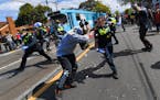 Victoria police clashed with protesters during a Rally for Freedom in Melbourne, Australia, on Saturday, Sept. 18, 2021. The protesters were demonstra
