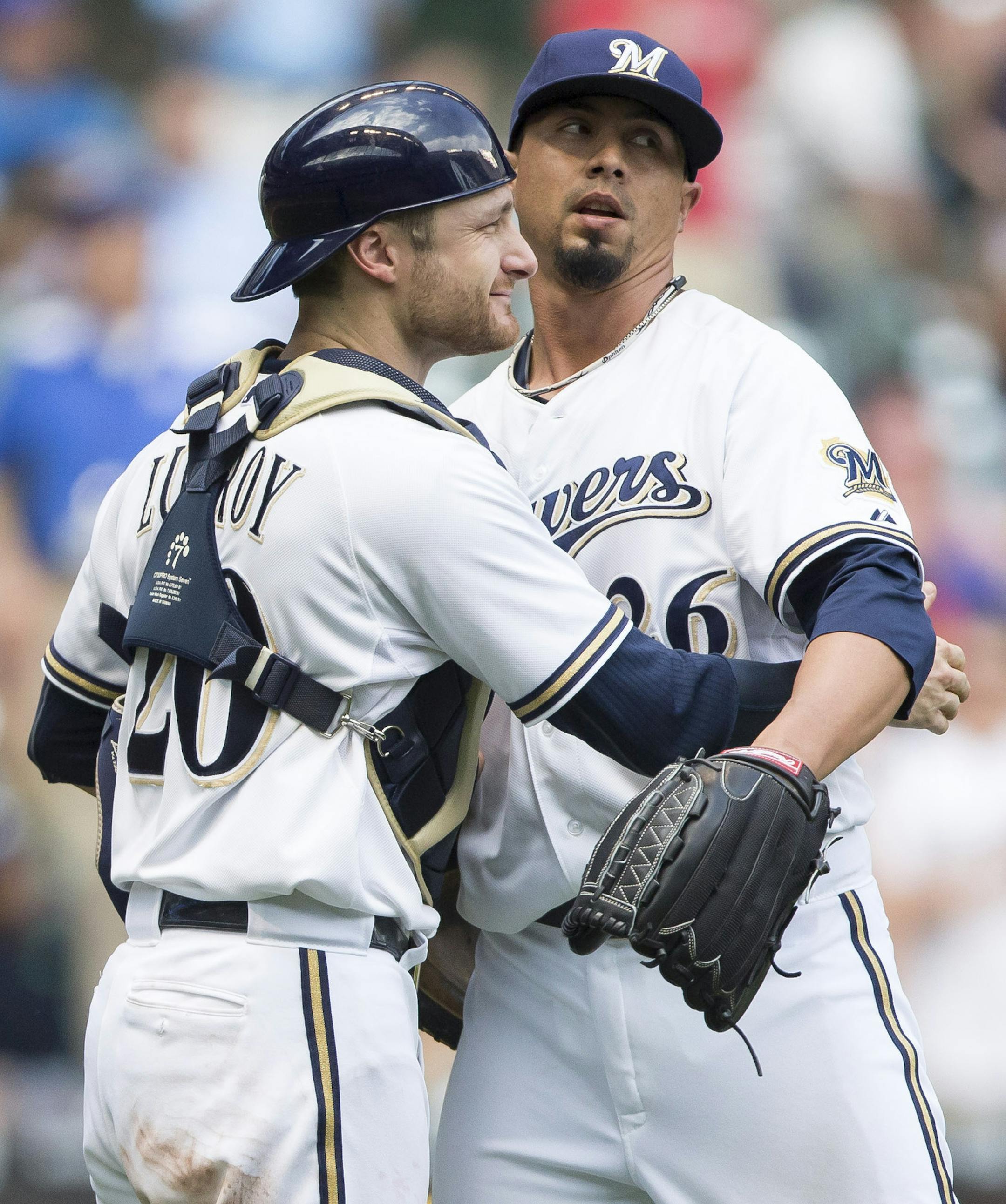 June 1, 2014 - Milwaukee, Wisconsin, United States of America - June 1, 2014: Milwaukee Brewers starting pitcher Kyle Lohse #26 and Milwaukee Brewers catcher Jonathan Lucroy #20 congratulate eachother at the end of the Major League Baseball game between the Milwaukee Brewers and the Chicago Cubs at Miller Park in Milwaukee, WI. Brewers defeat the Cubs 9-0. John Fisher/CSM (Cal Sport Media via AP Images) ORG XMIT: CSMAP