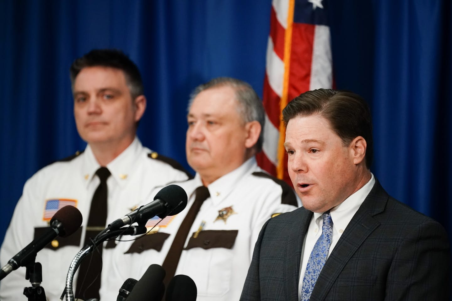 Carver County Attorney Mark Metz announced Thursday that he was closing the two-year investigation into the death of musician Prince Rogers Nelson without issuing any criminal charges. On the left are Chief Deputy Jason Kamerud and Carver County Sheriff Jim Olson.