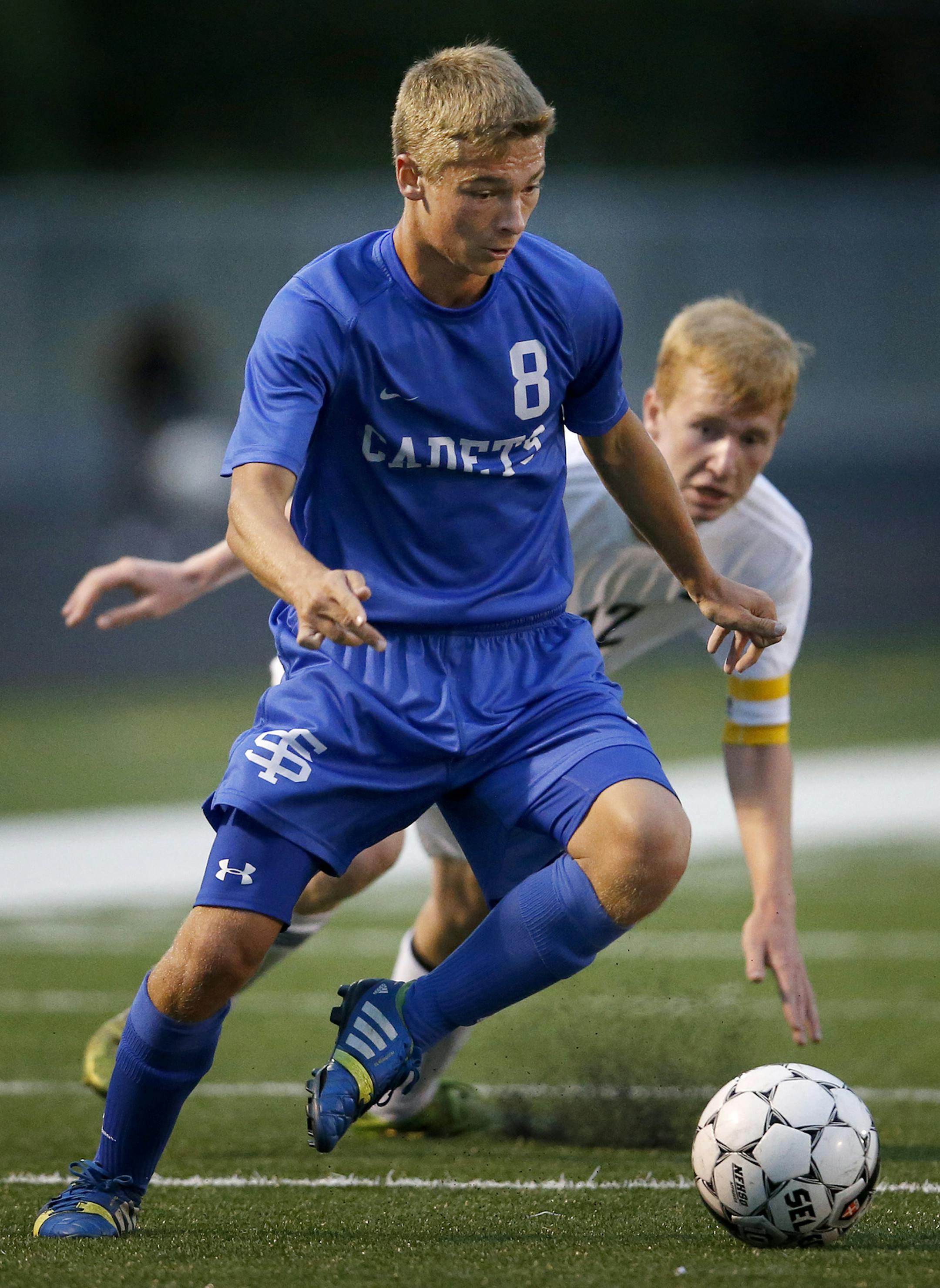 Saint Thomas Academy soccer player Keegan Phalen Kennedy (8). ] CARLOS GONZALEZ cgonzalez@startribune.com - September 9, 2014, Mahtomedi, Minn., Mahtomedi High School, Prep Soccer Boys, St. Thomas Academy soccer, vs. Mahtomedi