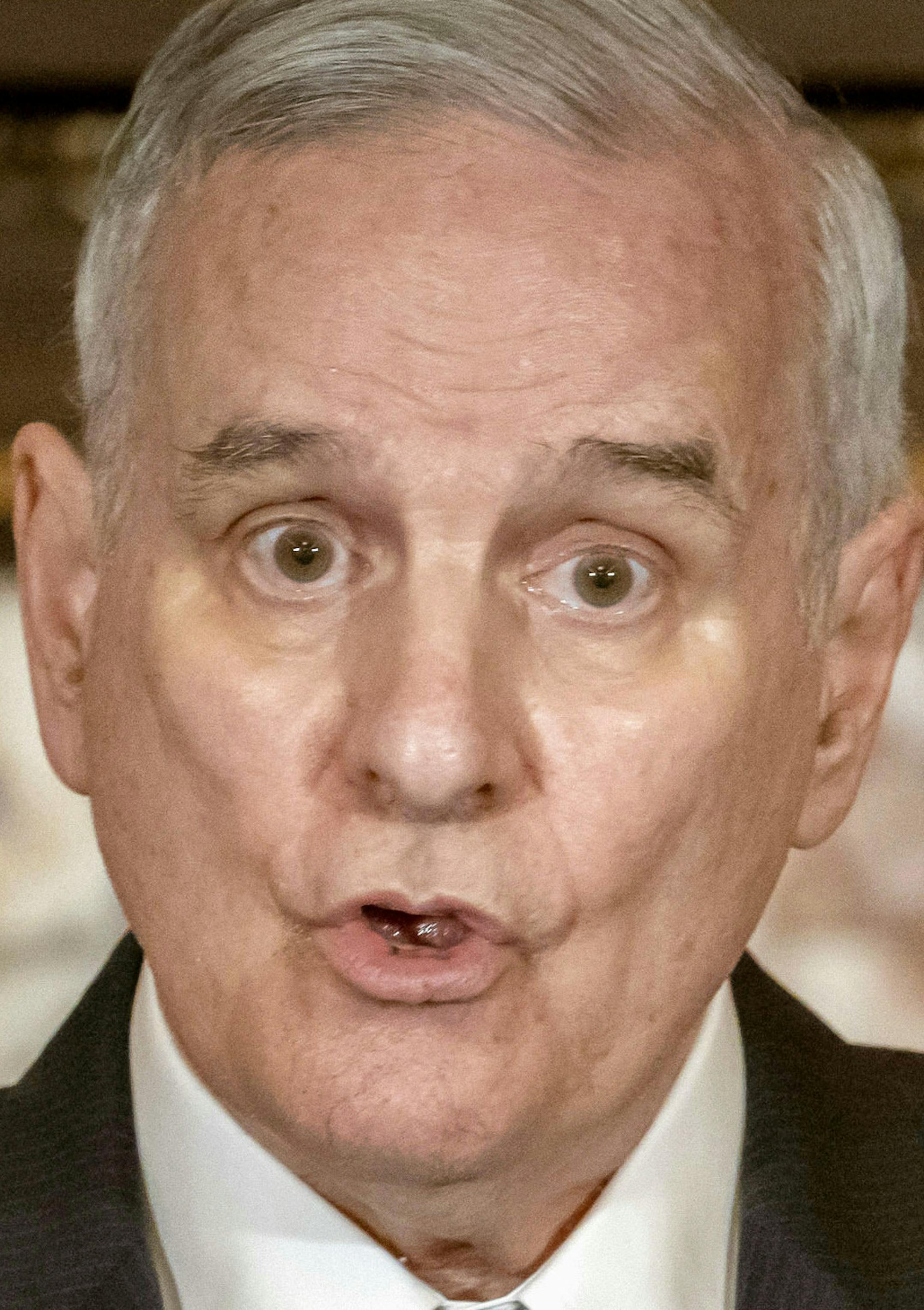 FILE - In this May 23, 2018, file photo, Minnesota Gov. Mark Dayton speaks at a press conference in St. Paul, Minn. Dayton vetoed a bill Wednesday, May 30, 2018, that he said would have unlawfully undermined Minnesota's ability to enforce its water quality standard for protecting wild rice. Dayton, who vetoed a similar bill earlier, said in a letter to House Speaker Kurt Daudt that the revised version represented "some progress," but not enough. (Glen Stubbe/Star Tribune via AP, File)