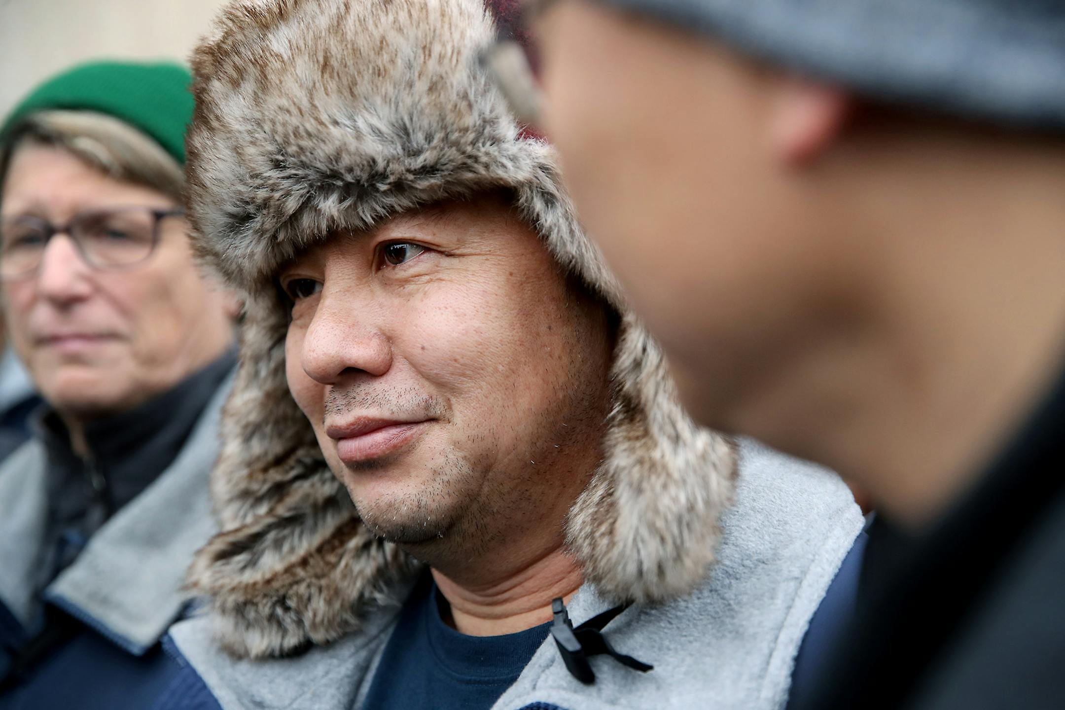 Doua Hang, cq, who has worked as a machine operator at Water Gremlin was surrounded and embraced by other co-workers as he spoke to the media regarding the the state's request for an injunction at a hearing in the Ramsey County District Court, Thursday, October 31, 2019 in St. Paul, MN. ] ELIZABETH FLORES &#x2022; liz.flores@startribune.com