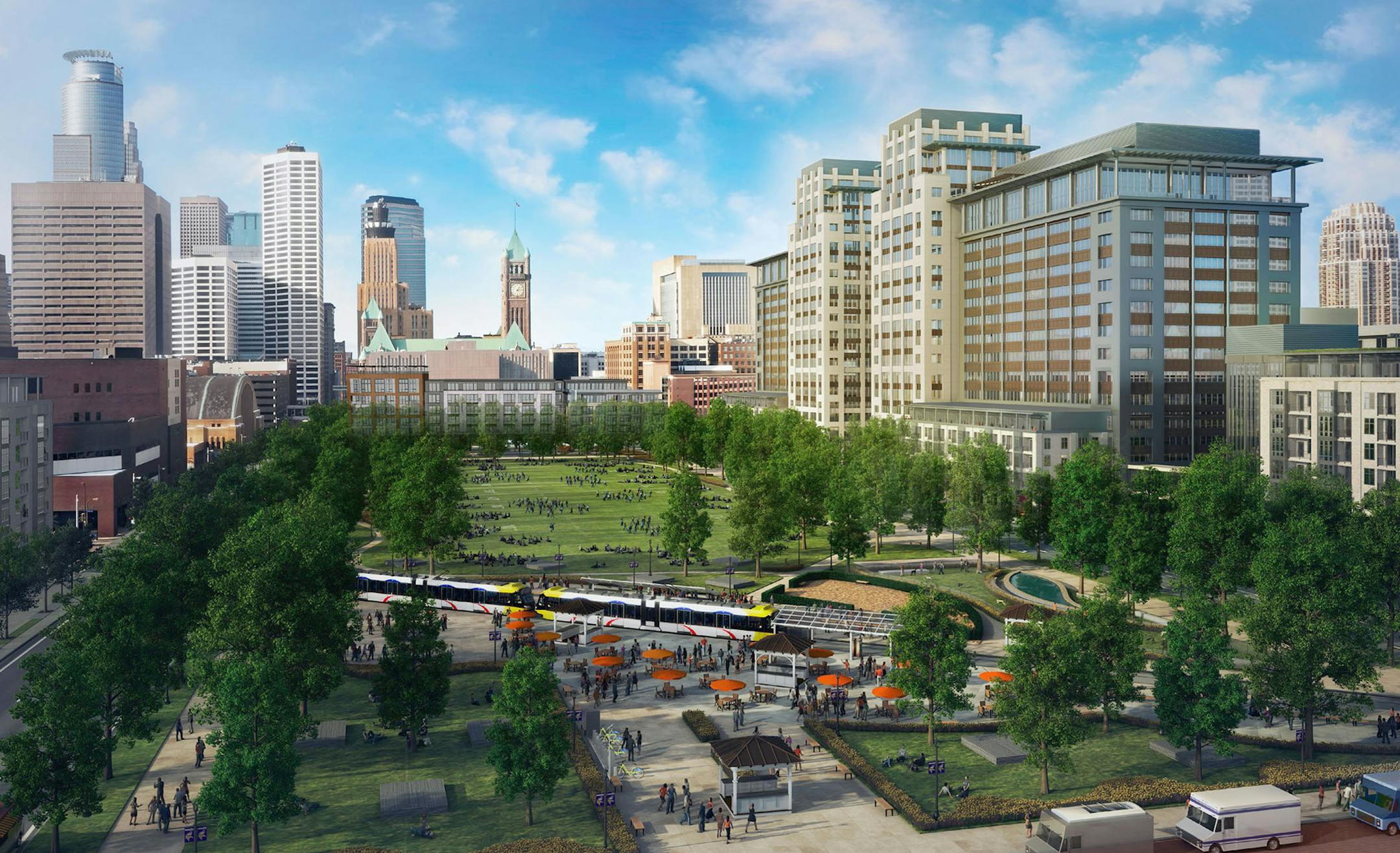 Ryan Companies proposes a $400 million redevelopment of five blocks now dominated by surface parking lots between the downtown central business district and the new Vikings stadium. This revised rendering includes an apartment building on the west end of the park space.