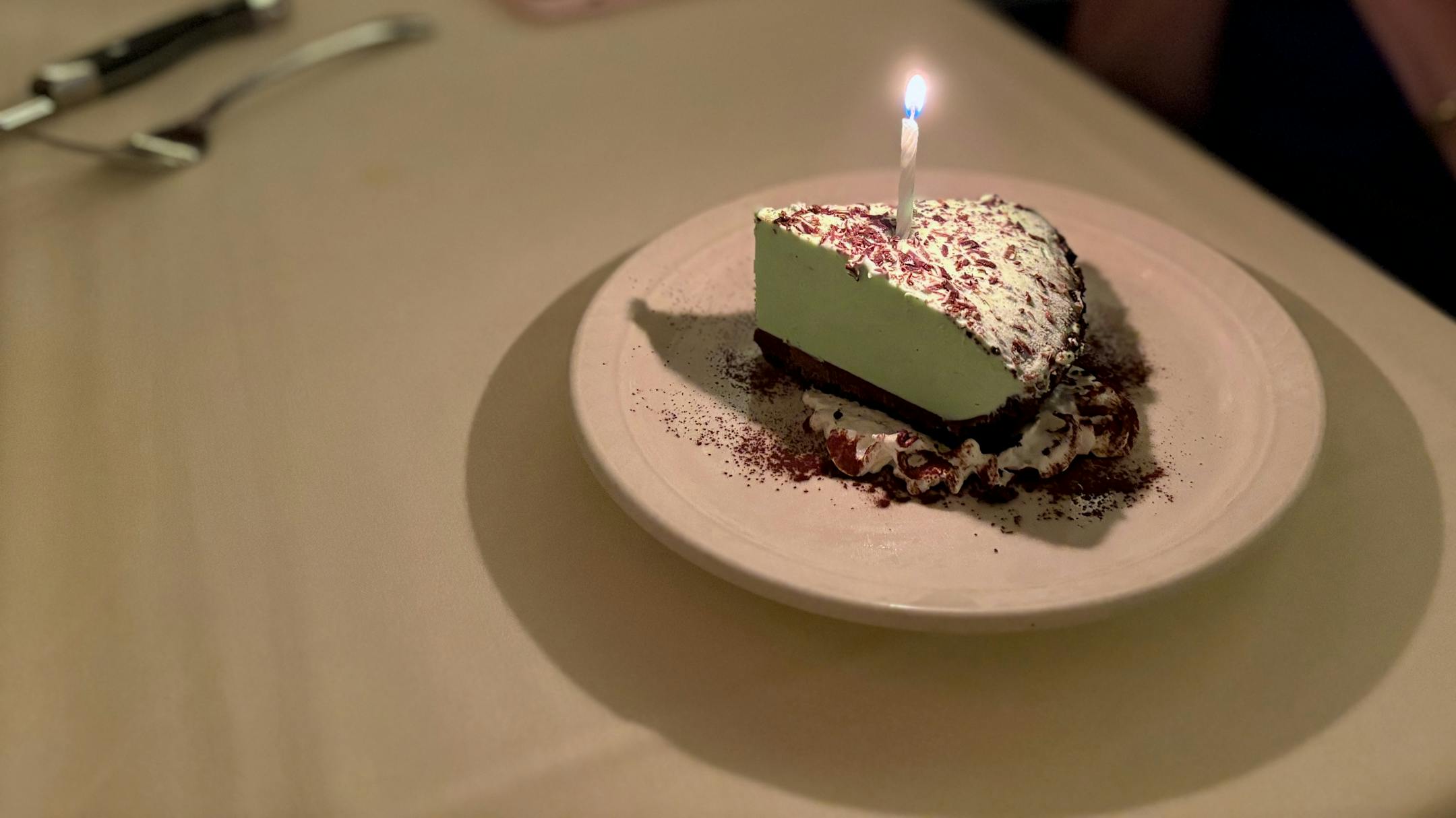 Grasshopper pie with a birthday candle at the Lexington in St. Paul