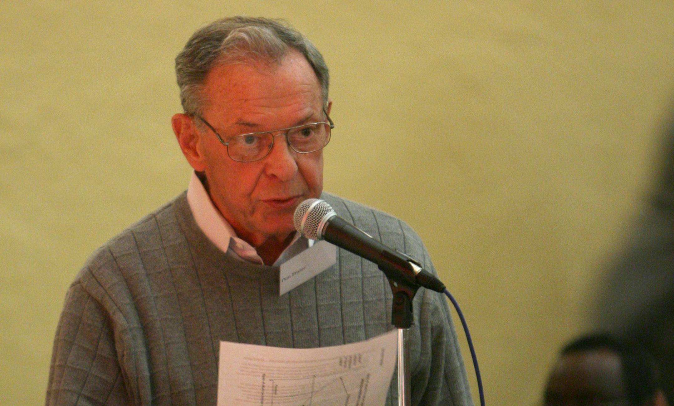 JEFF WHEELER ¬• jwheeler@startribune.com MINNEAPOLIS - 4/10/07 - The Minneapolis School Board held a public hearing Tuesday night at Patrick Henry High School to hear from concerned communities affected by the proposed closing of six schools. IN THIS PHOTO: Former Minneapolis Mayor Don Frasier urged the school board not to shut down the six schools it has targeted for closure. ORG XMIT: MIN2014021817083406