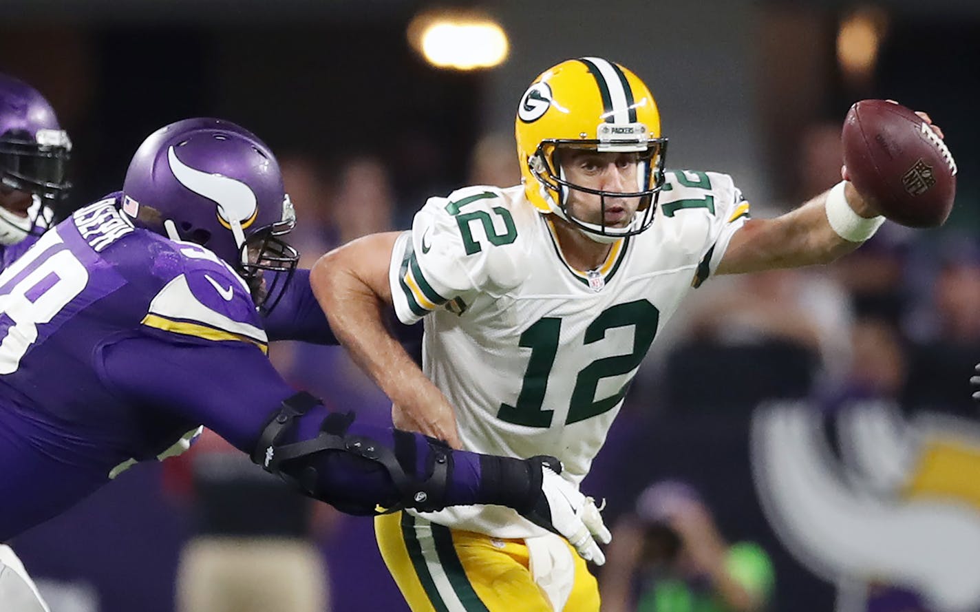 Vikings Linval Joseph sacks Packers QB Aaron Rodgers on their final drive.The Minnesota Vikings open the new US Bank Stadium for their first home regular season game against the Green Bay Packers. Here, ] Minnesota Vikings vs Green Bay Packers - Vikings home opener in new US Bank Stadium. brian.peterson@startribune.com
Minneapolis, MN - 09/18/2016