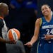 Minnesota Lynx forward Napheesa Collier (24) gestures towards a referee during overtime of a WNBA basketball game against the Atlanta Dream, Friday, S