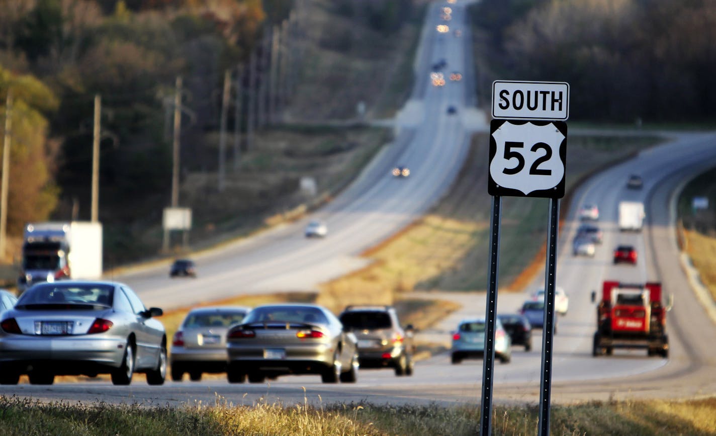 Despite the fact that stretches of Hwy 52 between the Twin Cities and Rochester appear to be freeway, there are many areas where drivers on county roads must cross high speed traffic without the benefit of bridges or on-ramps. Hwy 52 near County 14 Boulevard, south of Cannon Falls, photographed October 21, 2011. (Courtney Perry/Special to the Star Tribune) ORG XMIT: MIN2017032117322433