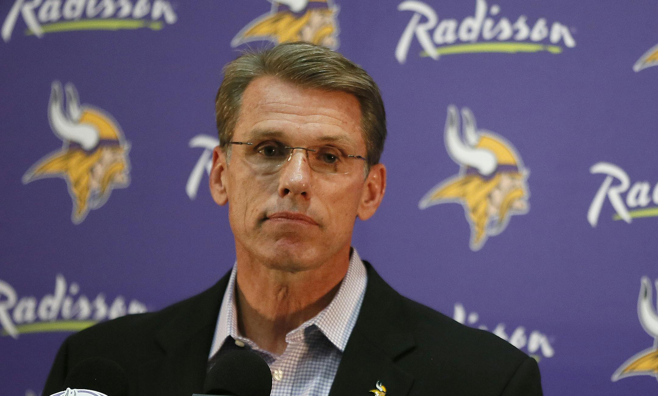 Vikings general manger Rick Spielman talked with reporters about the decision to play Adrain Peterson Sunday at New Orleans Monday September 15 , 2014 in Eden Prairie ,MN. ] Jerry Holt Jerry.holt@startribune.com
