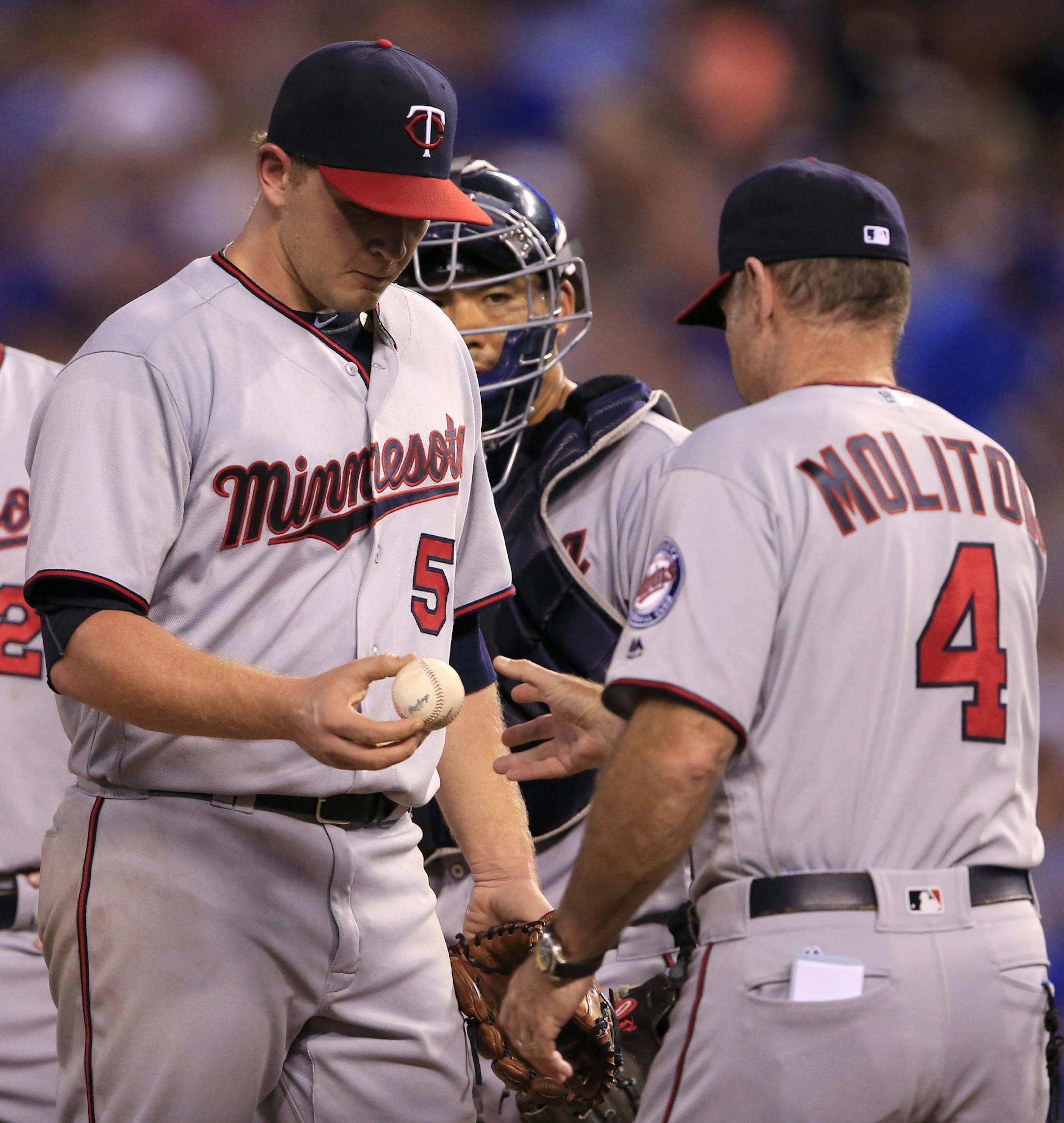 Minnesota Twins manager Paul Molitor (4) takes the ball from starting pitcher Tyler Duffey during the fourth inning of a baseball game against the Kansas City Royals at Kauffman Stadium in Kansas City, Mo., Thursday, Aug. 18, 2016. (AP Photo/Orlin Wagner)