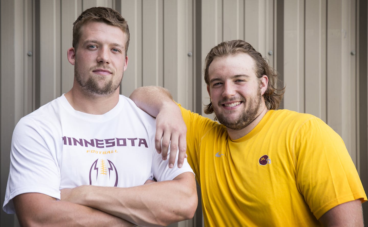 Brothers Mitch, left, and Matt Leidner, who both play football for the Gophers, photographed at the Gibson-Nagurski Football Facility at University of Minnesota in Minneapolis on Tuesday, August 4, 2015. ] LEILA NAVIDI leila.navidi@startribune.com /