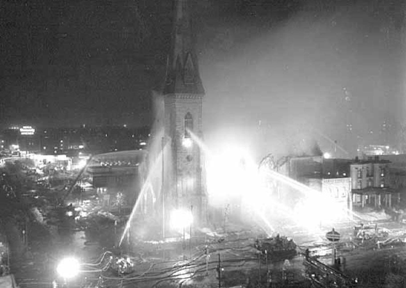 Fire, St. Olaf's Catholic Church, 215 South Eighth Street, Minneapolis. Minnesota Historical Society;