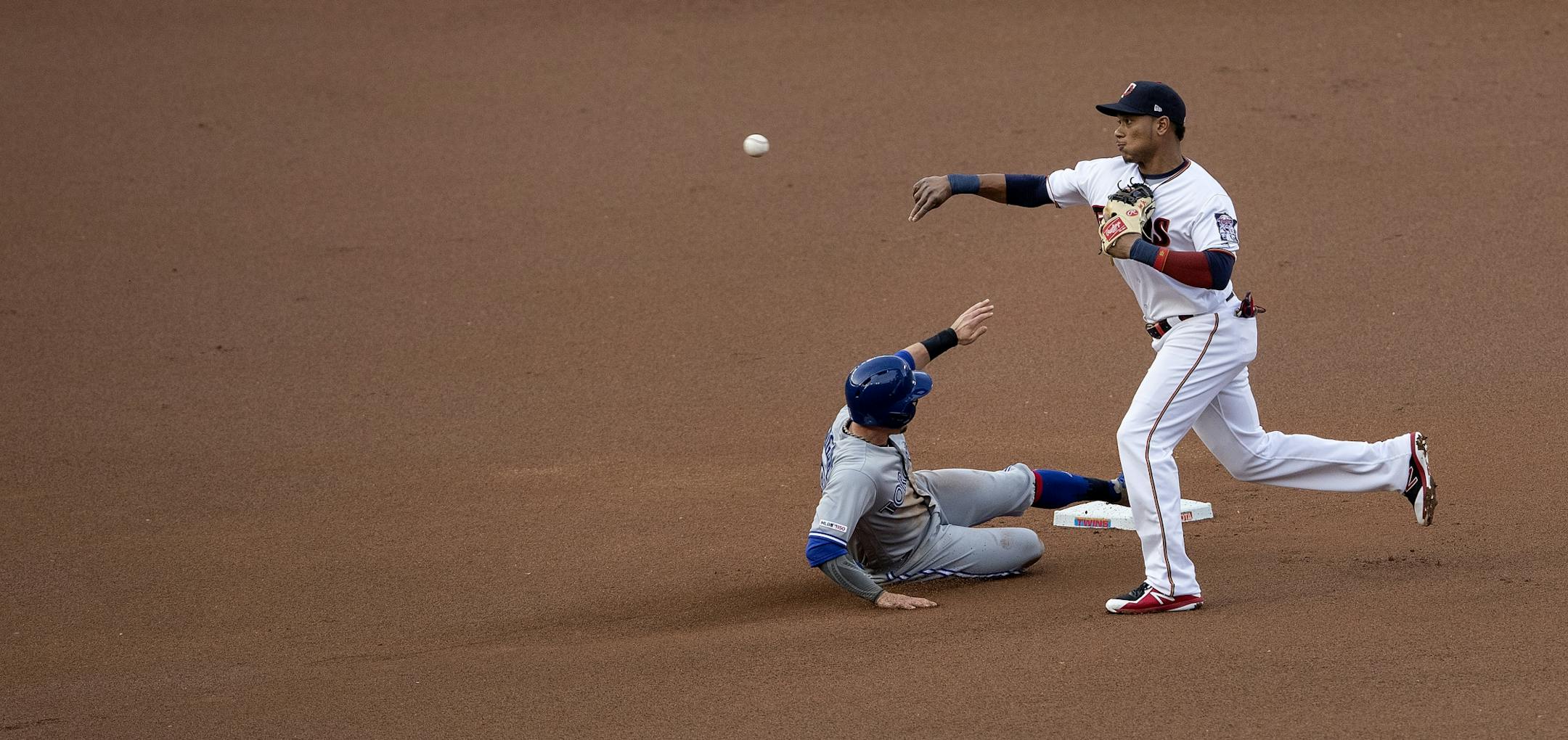 Twins shortstop Jorge Polanco turned a double play in the first inning.
