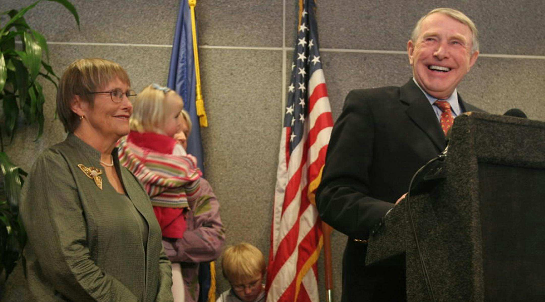 Congressman Martin Olav Sabo laughed during a pressconference where he announced he was retiring this year (2006). He said he was looking forward to spending more time with his wife Sylvia (at left), children and grandchildren (pictured behind him). ORG XMIT: MIN1603131152460249 ORG XMIT: MIN1603141056260399