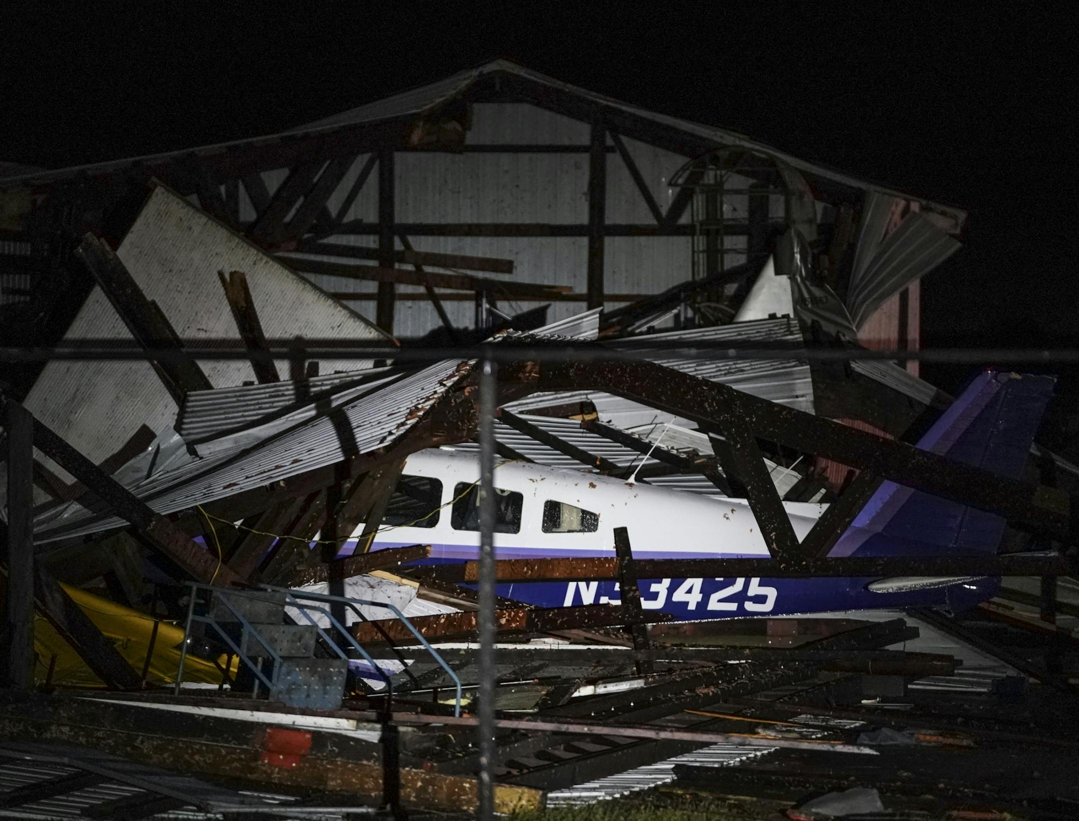 A small plane was damaged as a hangar collapsed around it after a possible tornado at Faribault Municipal Airport.
