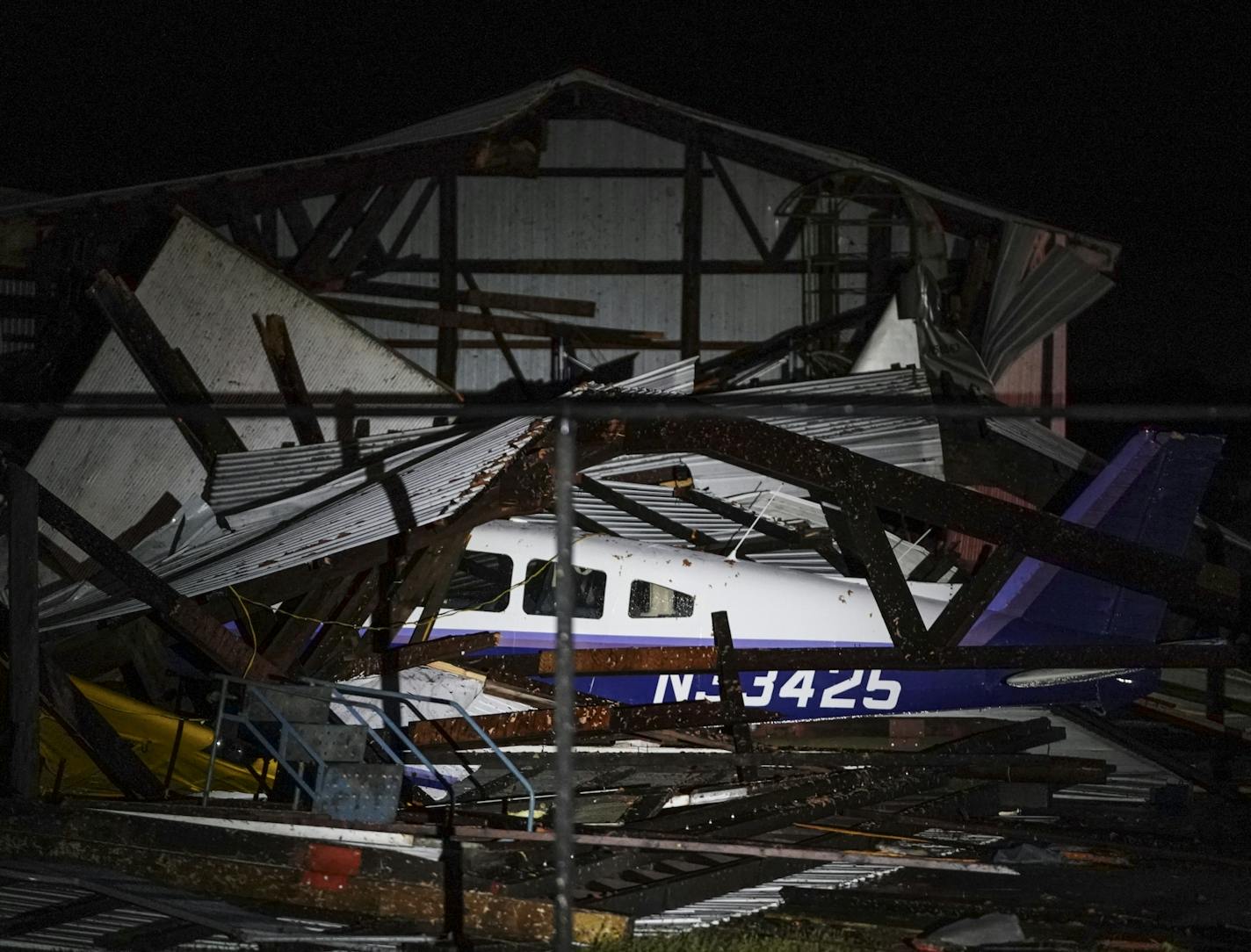 A small plane was damaged as a hangar collapsed around it after a possible tornado at Faribault Municipal Airport.