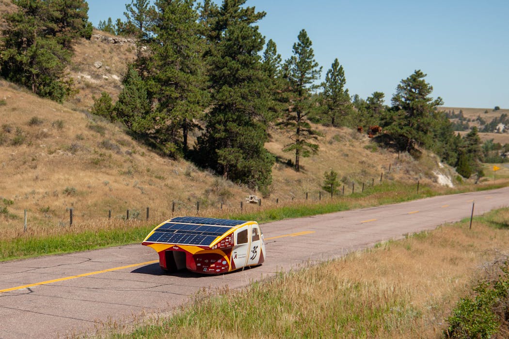Freya driving through Wyoming on her way to victory in the American Solar challenge.