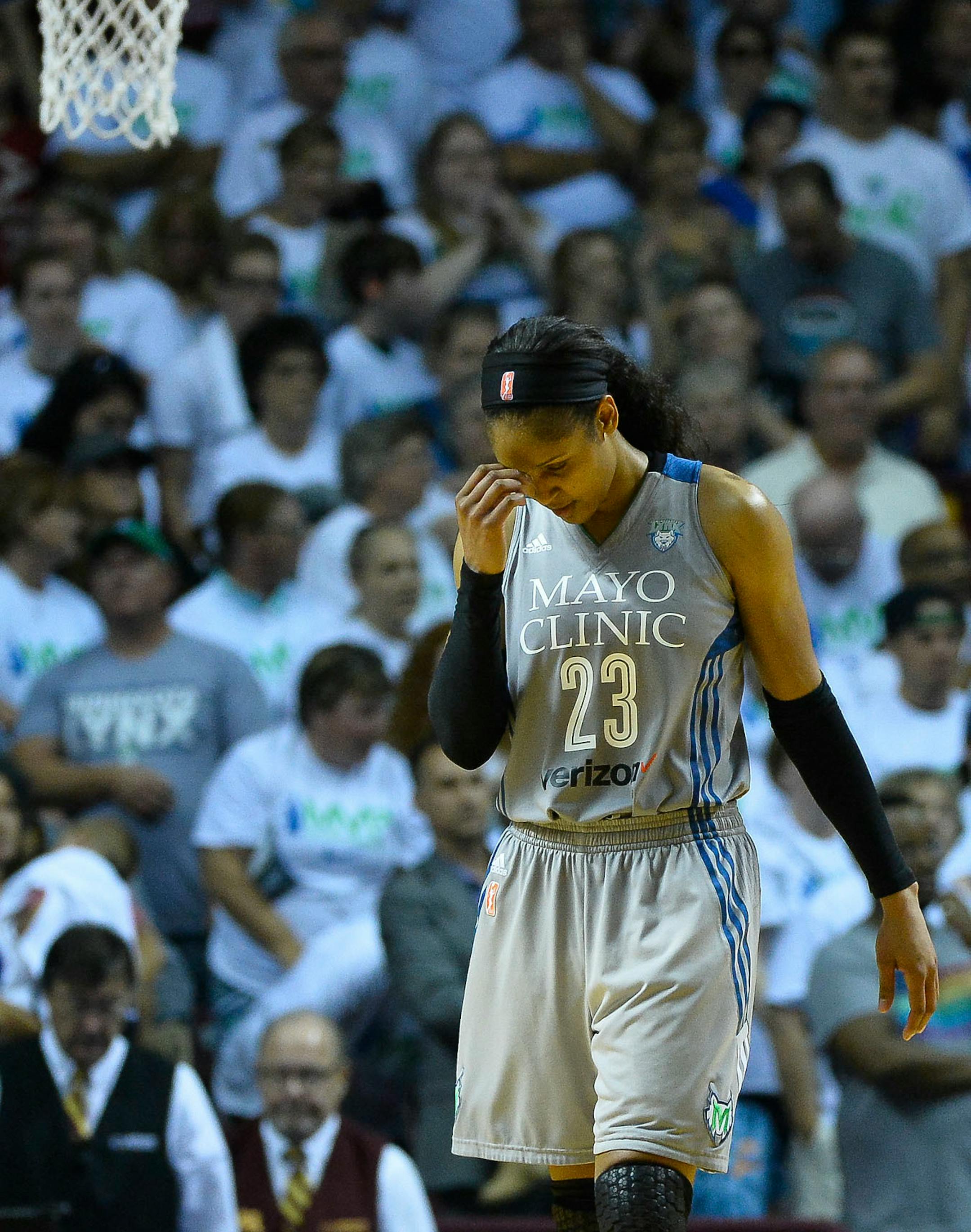Minnesota Lynx forward Maya Moore (23) was dejected following her team's 85-84 loss to the LA Sparks in game one of the WNBA Championships Sunday.
