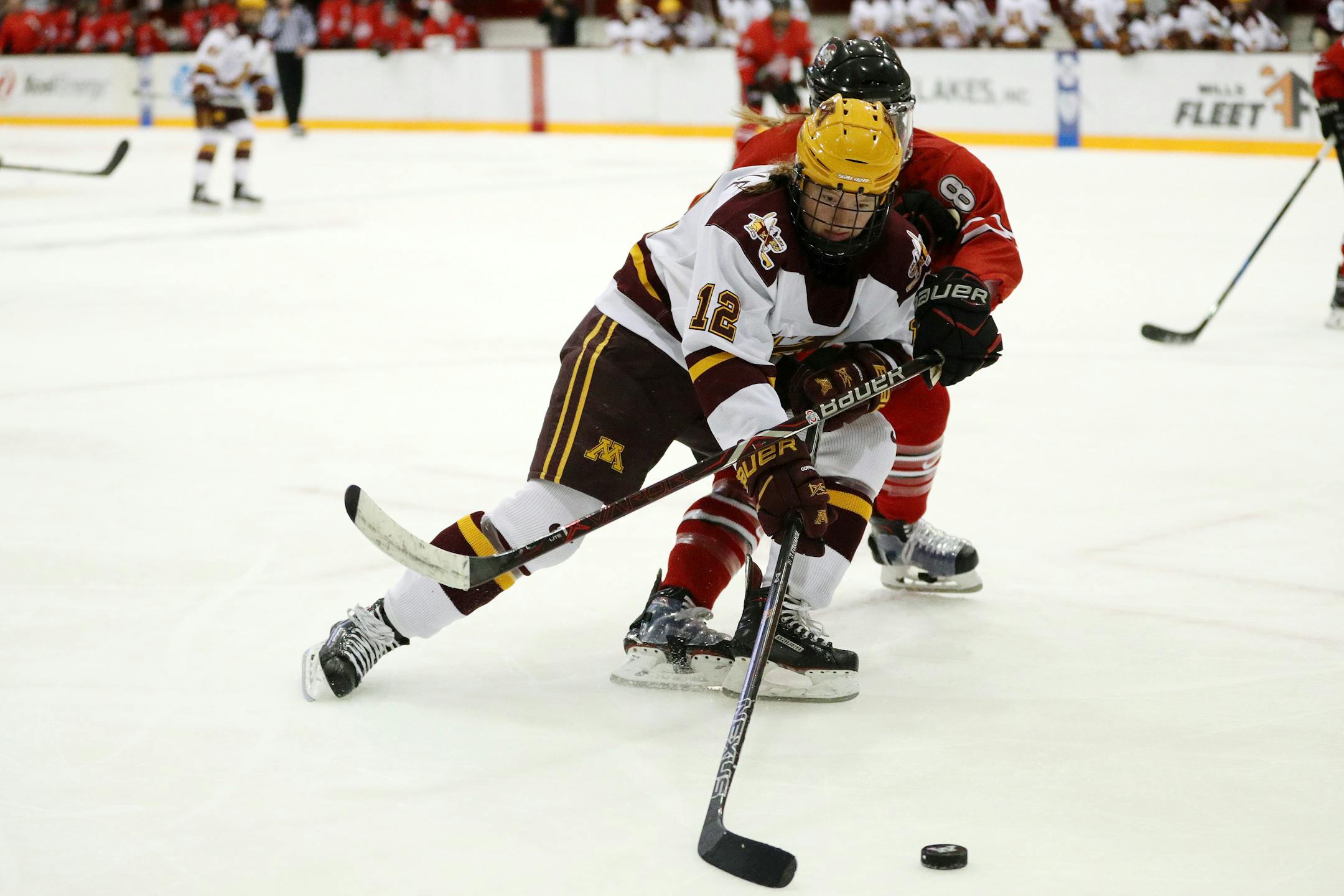Gophers forward Grace Zumwinkle, shown here vs. St. Cloud State earlier this season, scored twice Saturday in the WCHA semifinals.