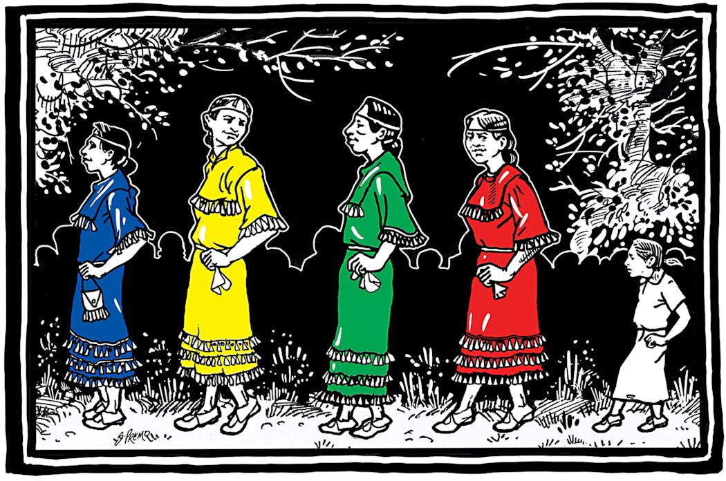 An illustration depicts the origin of the Jingle Dress Dance Tradition, which emerged from the vision of a father whose daughter had fallen ill and appeared to be near death, but recovered her health.