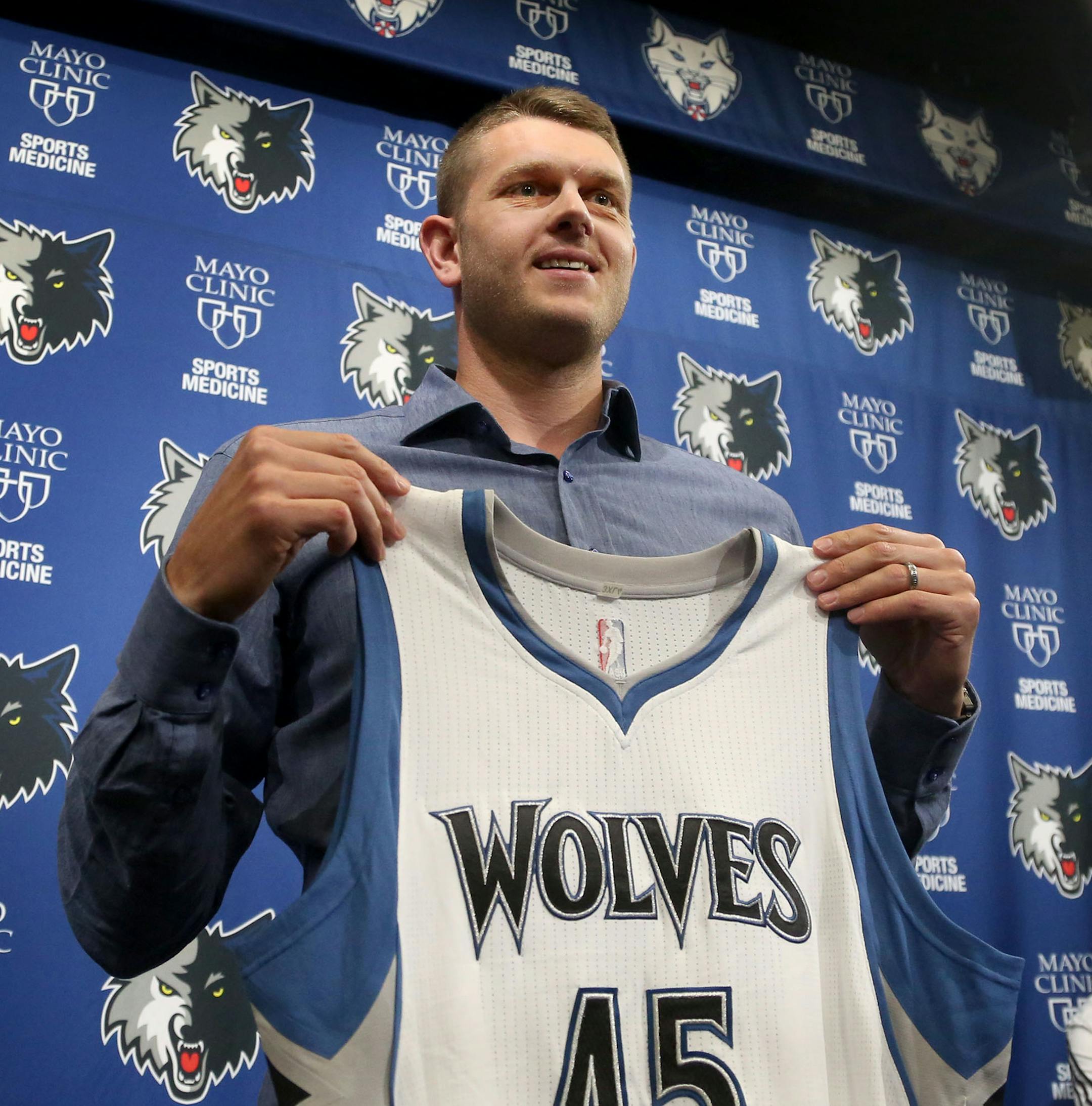 New Minnesota Timberwolves center Cole Aldrich, a homegrown Minnesotan, meets the local media after signing a three-year deal Thursday, July 14, 2016, at the Courts at Mayo in Minneapolis, MN.](DAVID JOLES/STARTRIBUNE)djoles@startribune Wolves announce the official signing of homegrown center Cole Aldrich