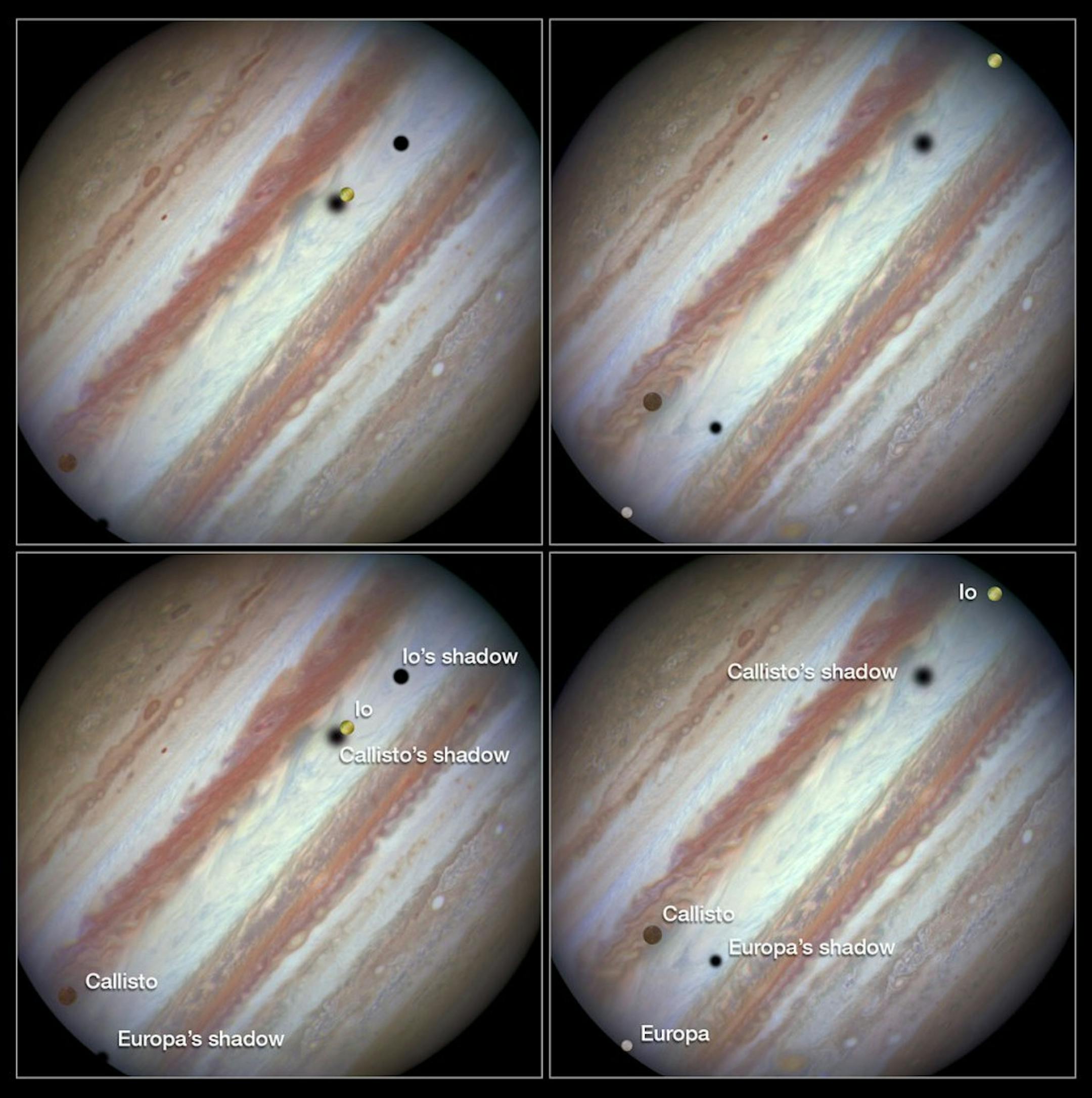 Three of Jupiterís four largest moons pass the face of the planet only once or twice in a decade. It happened Jan. 23. Illustrates JUPITER (category a), by Rachel Feltman (c) 2015, The Washington Post. Moved Thursday, Feb. 5, 2015. (MUST CREDIT: NASA, ESA, Hubble Heritage Team.)
