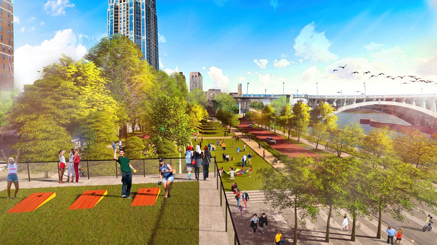 Rendering of the proposed pavillion area at the Water Works park, alongside the Stone Arch Bridge.