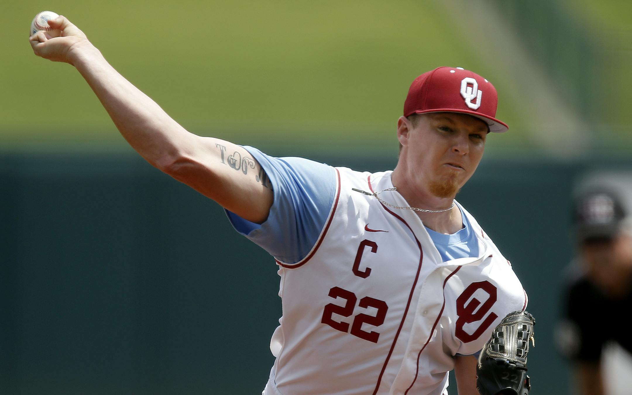 Oklahoma's Jonathan Gray pitches against Baylor during the Big 12 championship NCAA college baseball tournament at the Chickasaw Bricktown Ballpark in Oklahoma City, Thursday, May, 23, 2013. Oklahoma won 2-0. (AP Photo/The Oklahoman, Bryan Terry) LOCAL STATIONS OUT (KFOR, KOCO, KWTV, KOKH, KAUT OUT); LOCAL WEBSITES OUT; LOCAL PRINT OUT (EDMOND SUN OUT, OKLAHOMA GAZETTE OUT) TABLOIDS OUT. ORG XMIT: MIN2013060522344435