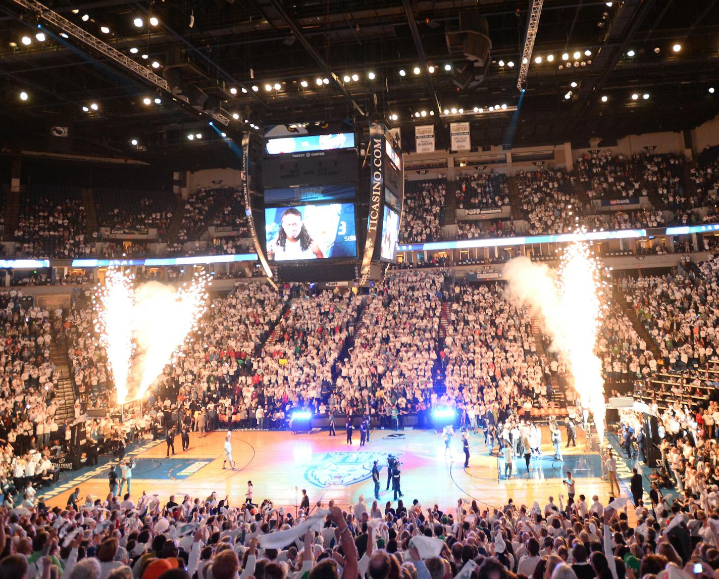 Pyrotechnics open the game at Target Center. ] (AARON LAVINSKY/STAR TRIBUNE) aaron.lavinsky@startribune.com Game 5 of the WNBA finals Lynx vs Indiana at the Target Center in Minneapolis, Min., Wednesday October 14, 2015.