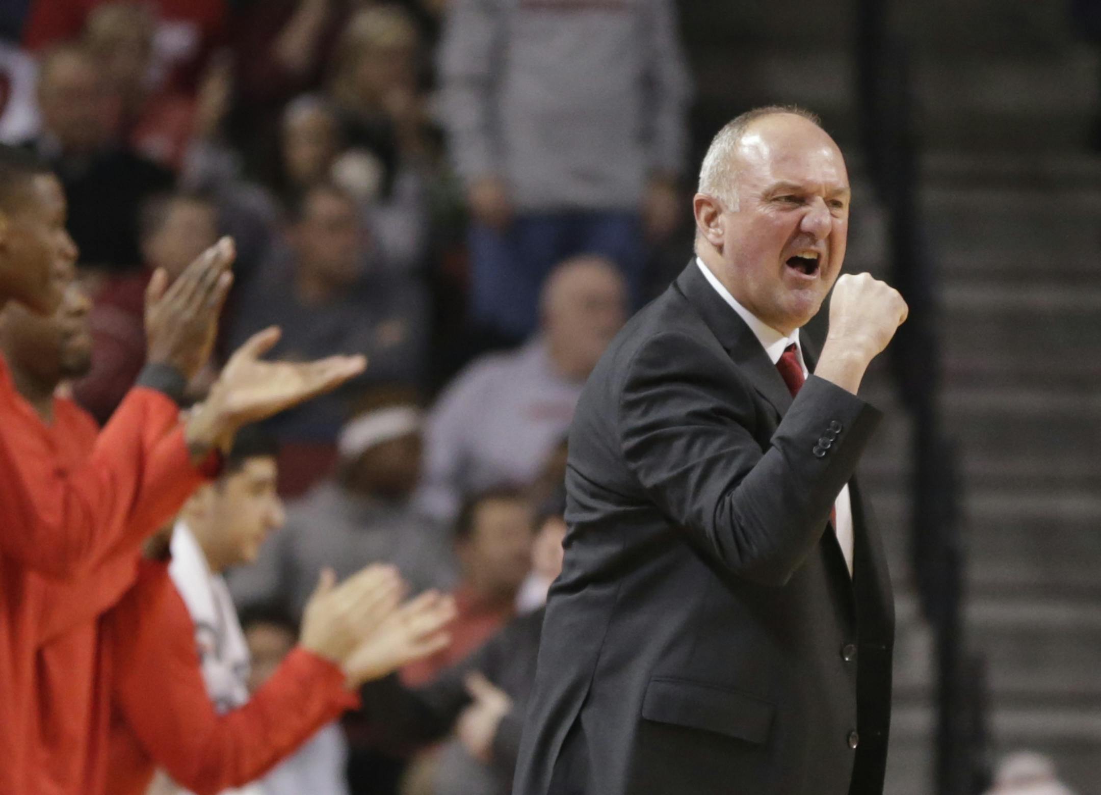 Ohio State coach Thad Matta pumps his fist during the first half of an NCAA college basketball game against Nebraska in Lincoln, Neb., Wednesday, Jan. 18, 2017. (AP Photo/Nati Harnik) ORG XMIT: NENH103