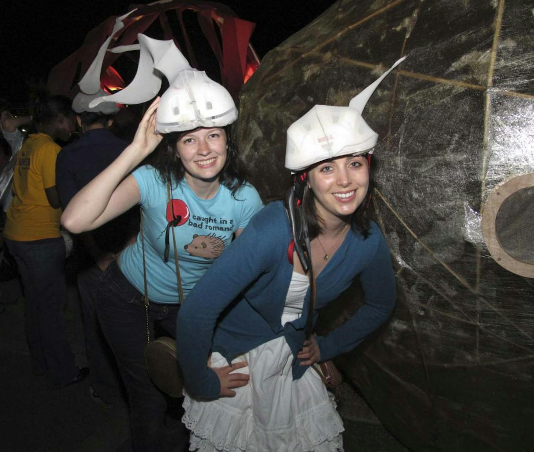Sara Glassman, sglassman@startribune.com
"Northern Spark: a nuit blanche" was an all-night art festival with experiments throughout the Twin Cities. Silka Schreiber and Jayne Discenza wearing sperm helmets next to the Egg and Sperm project.