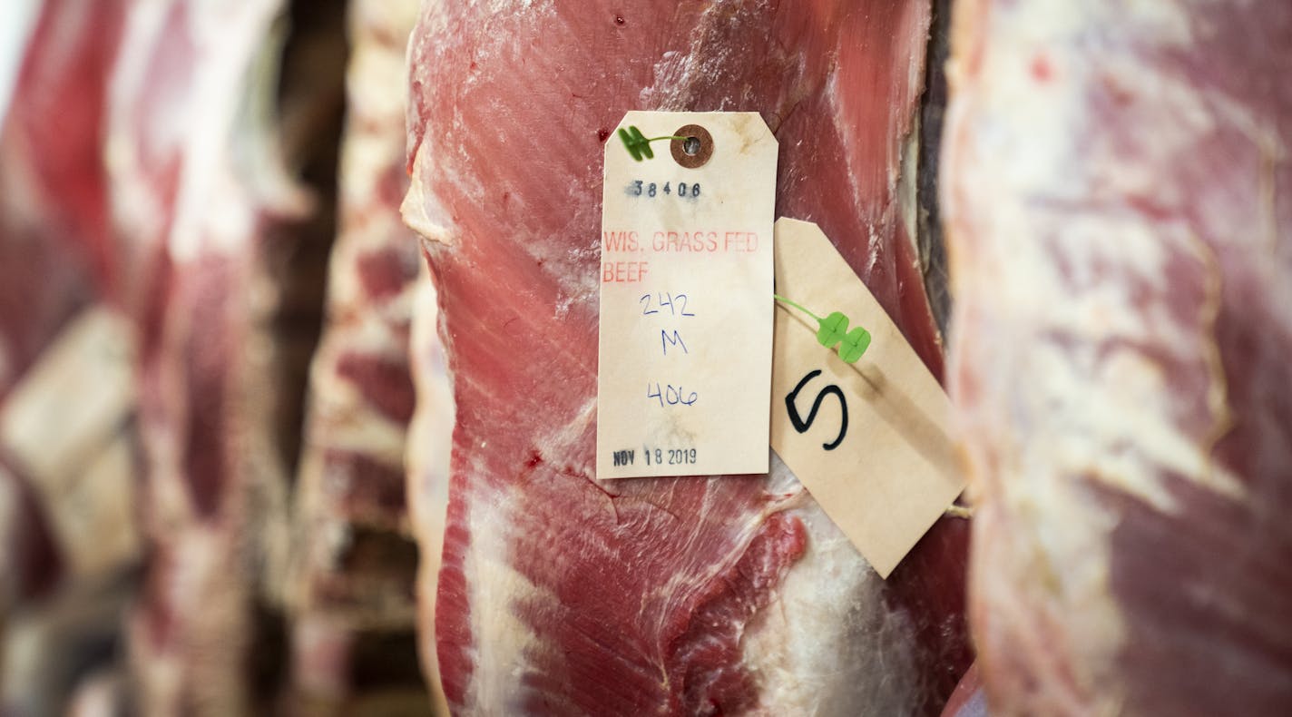 Grass fed beef from Wisconsin hung in the cooler at Lorentz Meats. ] LEILA NAVIDI &#x2022; leila.navidi@startribune.com BACKGROUND INFORMATION: Meat being processed at Lorentz Meats in Cannon Falls on Wednesday, November 20, 2019.