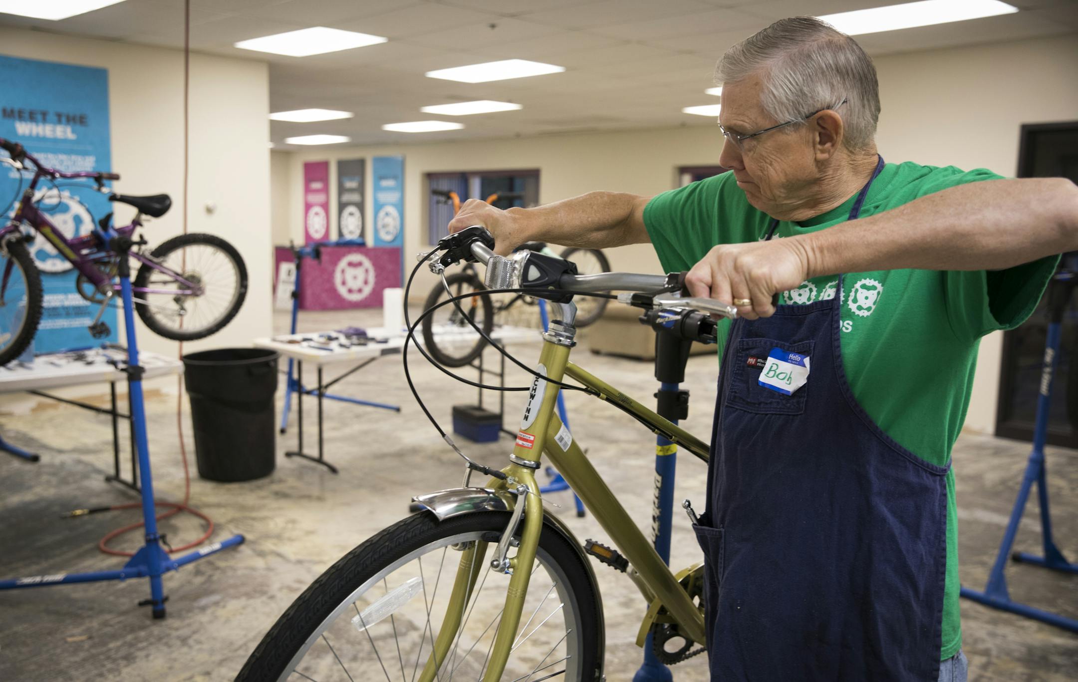 Volunteer Bob Melander worked on a bike at the Free Bikes 4 Kids warehouse on Tuesday, October 3, 2017 in New Hope, Minn. ] RENEE JONES SCHNEIDER • renee.jones@startribune.com