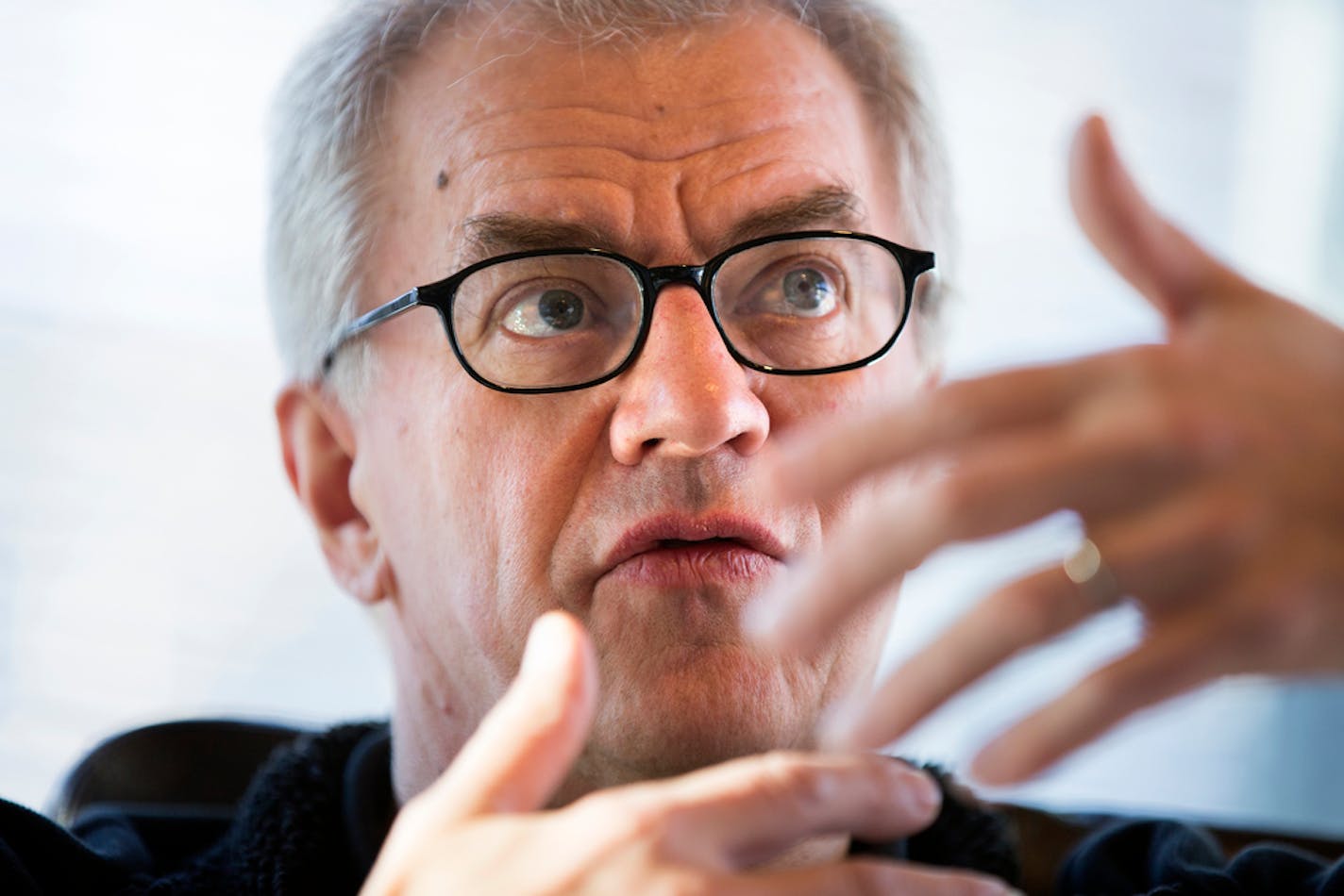 Osmo Vanska, conductor of the Minnesota Orchestra, talks with the media before rehearsal for the 12th annual Minnesota Orchestra Composer Institute concert at Orchestra Hall Auditorium in Minneapolis on Thursday, January 15, 2015. The concert will take place at 8 p.m. on Friday, January 16. ] LEILA NAVIDI leila.navidi@startribune.com / ORG XMIT: MIN1501151407073087