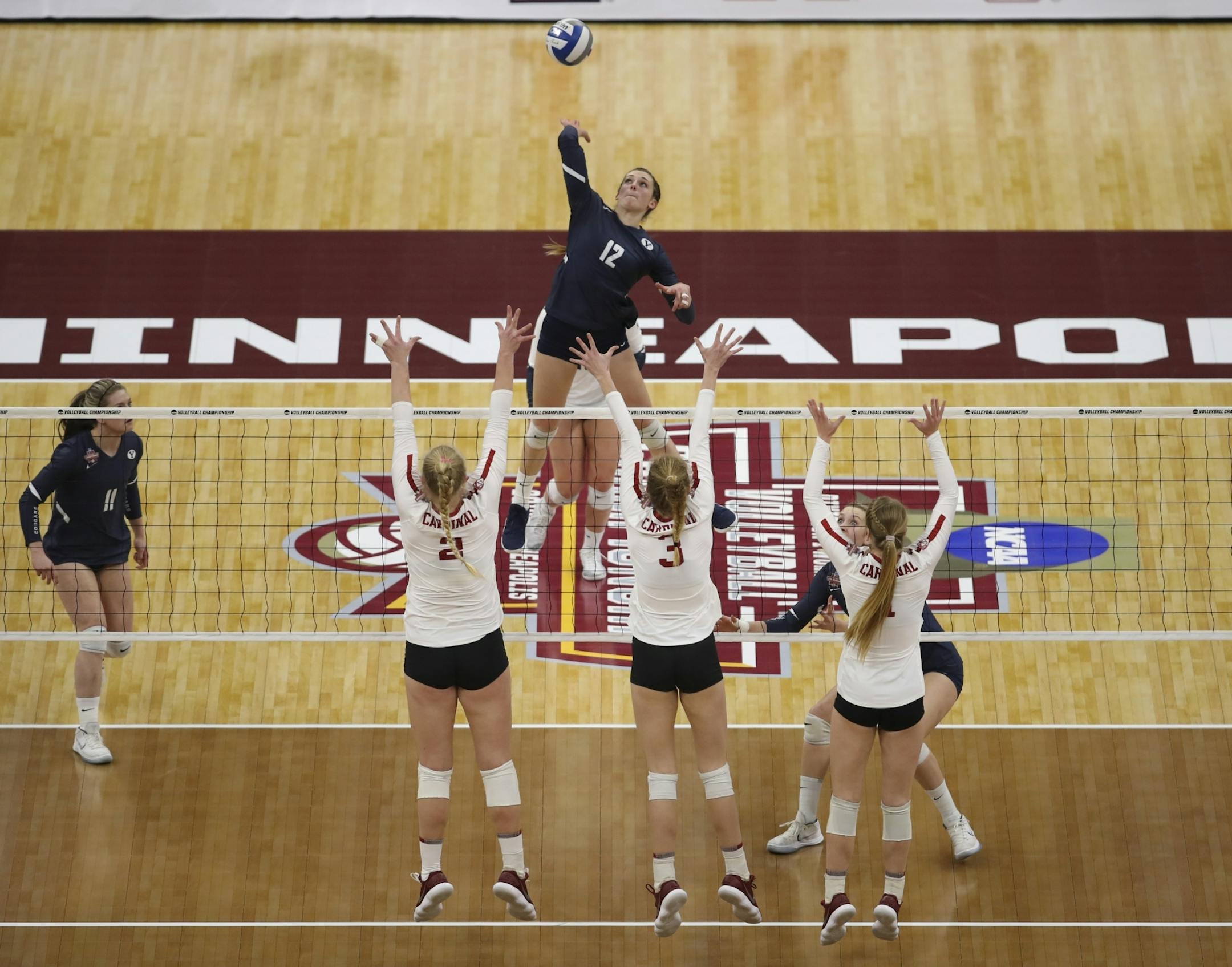 BYU's Roni Jones-Perry spiked the ball in the second set against Stanford.