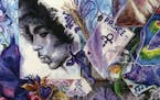 Selection from a Dan Lacey painting of the memento-covered fence outside Prince’s Paisley Park. 