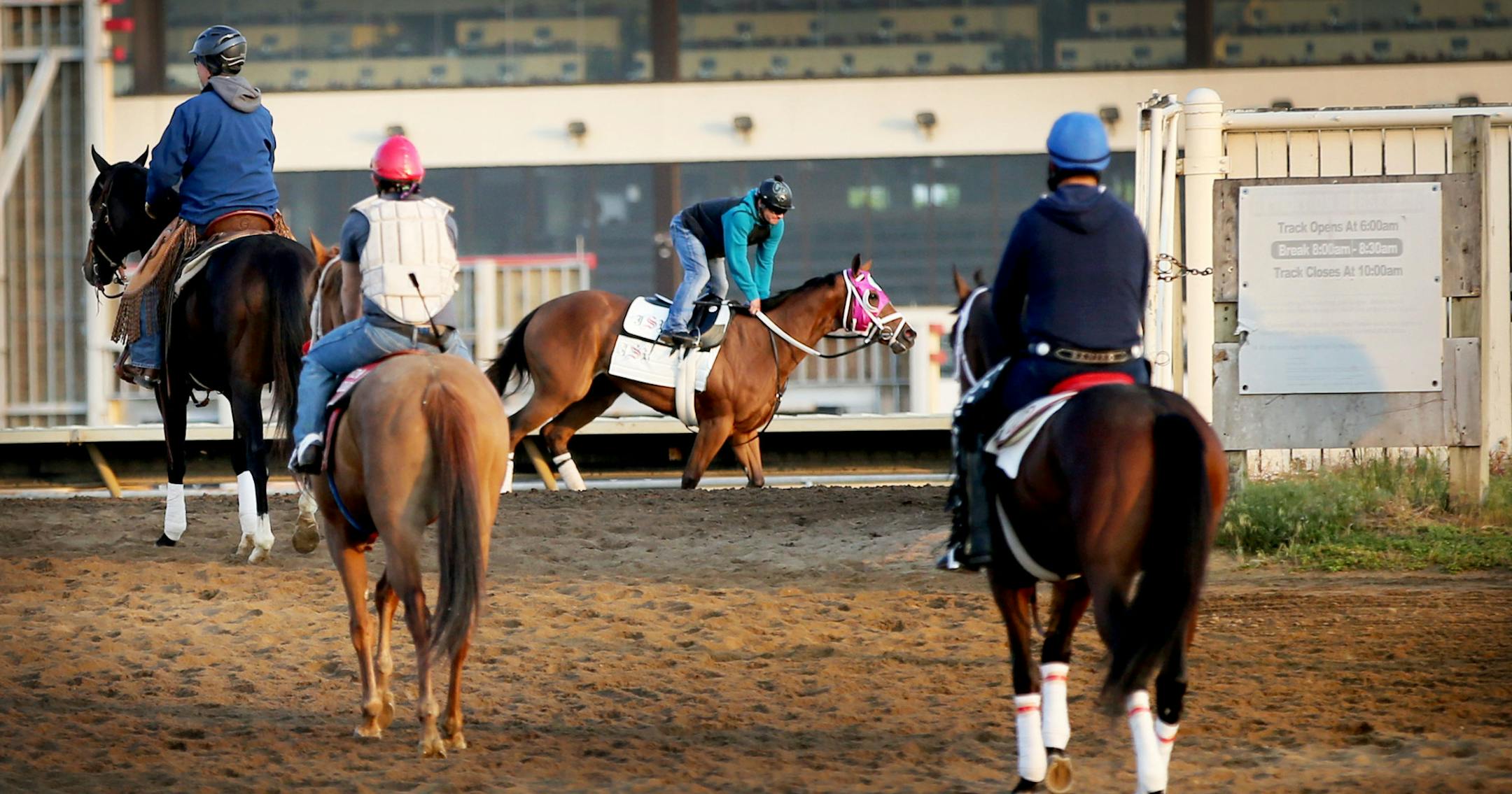 Race horses and their riders head to the track to train in preparation for the start of live racing Saturday and seen Thursday, May 19, 2016, at Canterbury Park, in Shakopee, MN.](DAVID JOLES/STARTRIBUNE)djoles@startribune Live racing begins again at Canterbury Park Saturday, May 20, 2016.**,cq