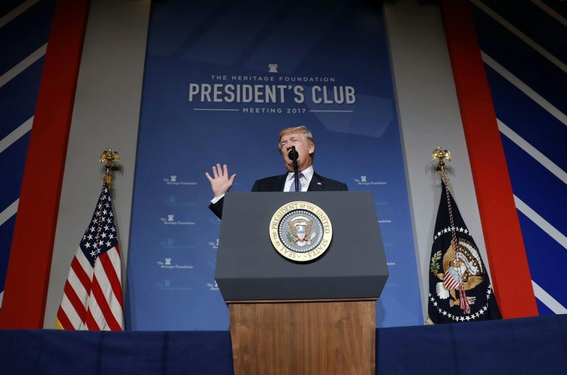 President Donald Trump speaks at the Heritage Foundation's annual President's Club meeting, Tuesday, Oct. 17, 2017 in Washington.