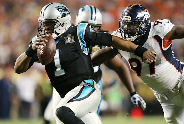 Linebacker Von Miller was given the franchise tag by the Broncos, but 26-year-old defensive tackle Malik Jackson (No. 97, shown pursuing Panthers quar