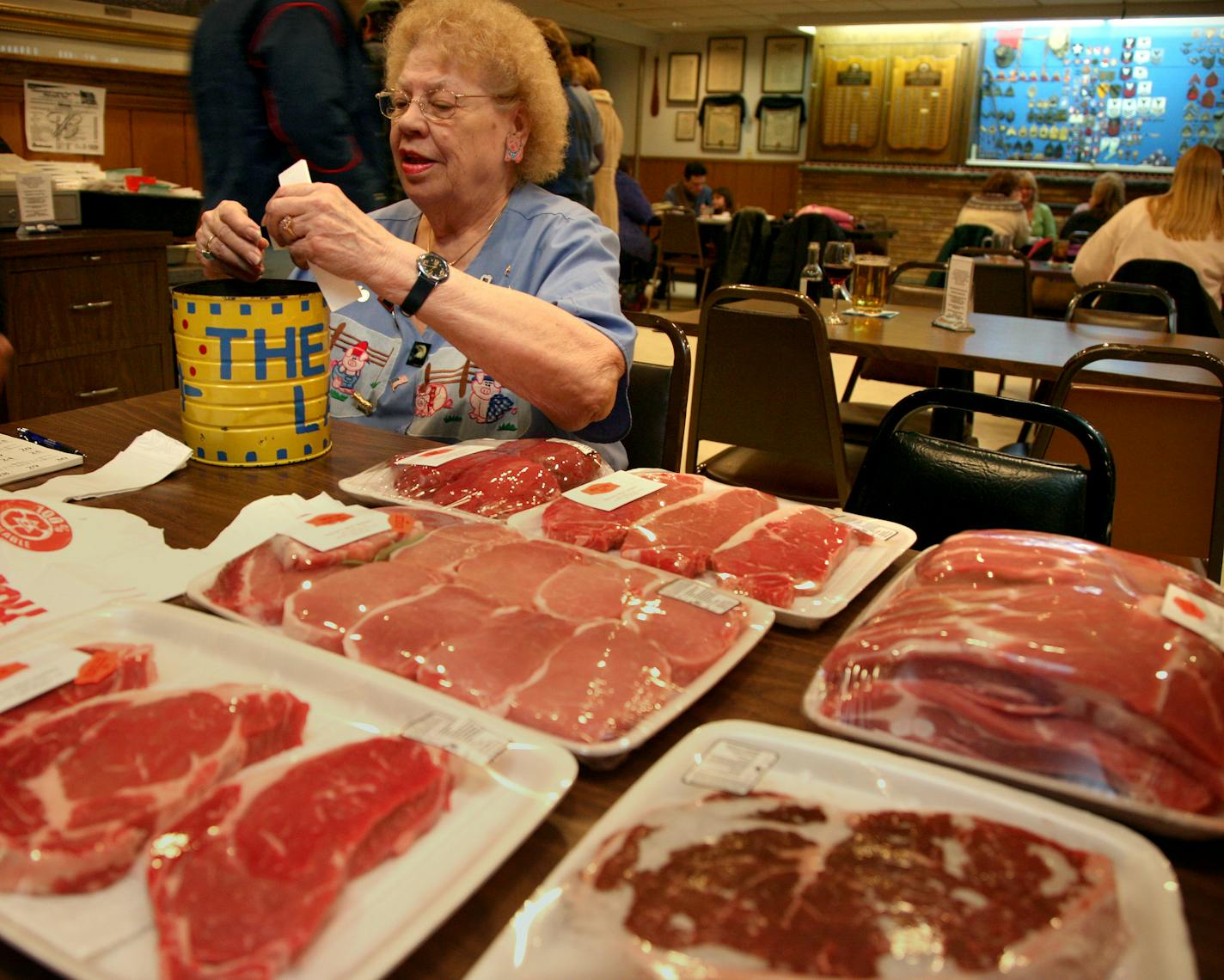 Marge Johnson, 83, gets really reved up when announcing the winning tickets she yells out: "Come get your meat!" to her raffle winners.